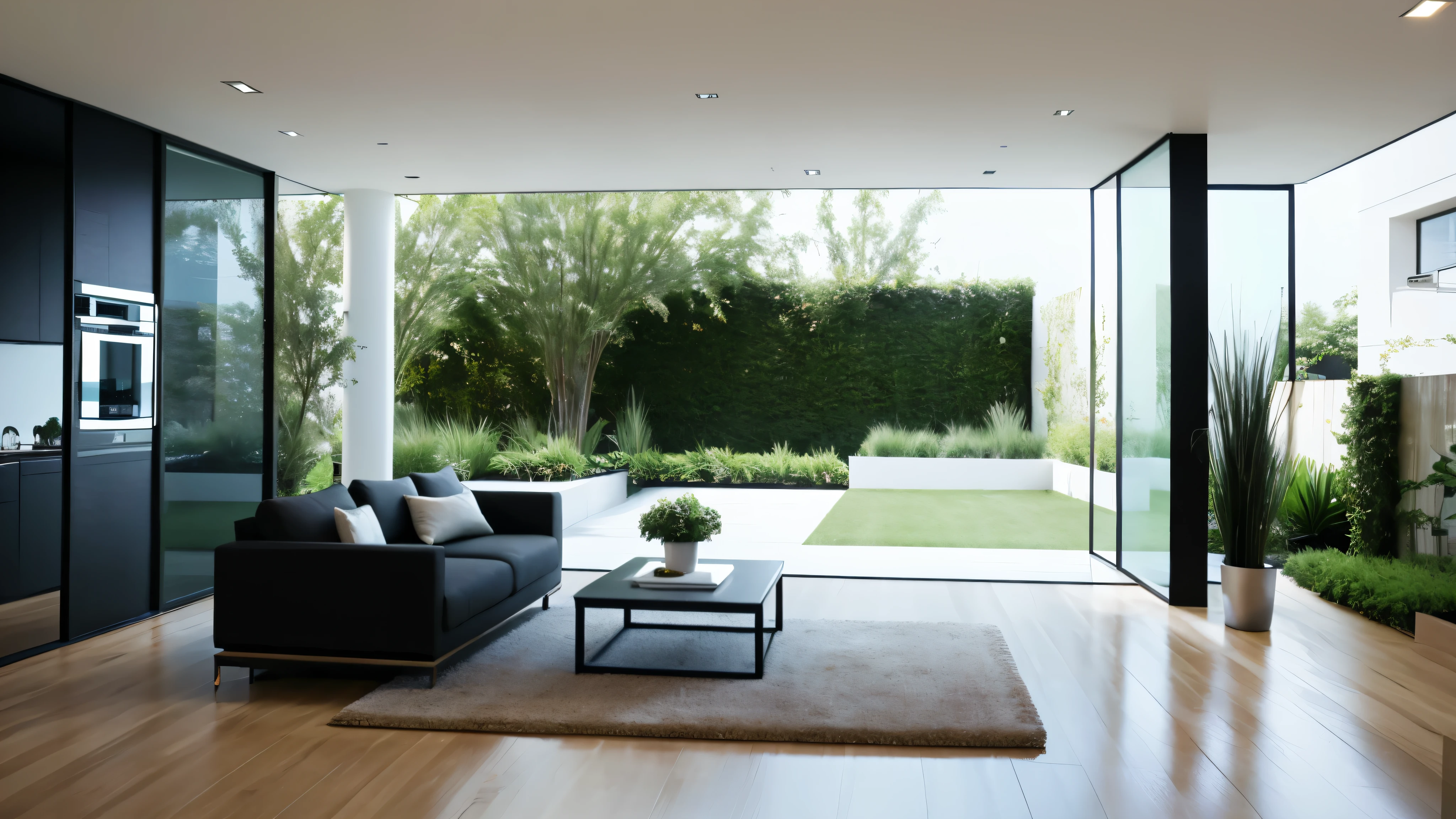 You are a famous interior designer、You have been asked to create a 3D image of a modern large room. Create a harmonious environment with modern and minimalist furniture. Including garden interior.