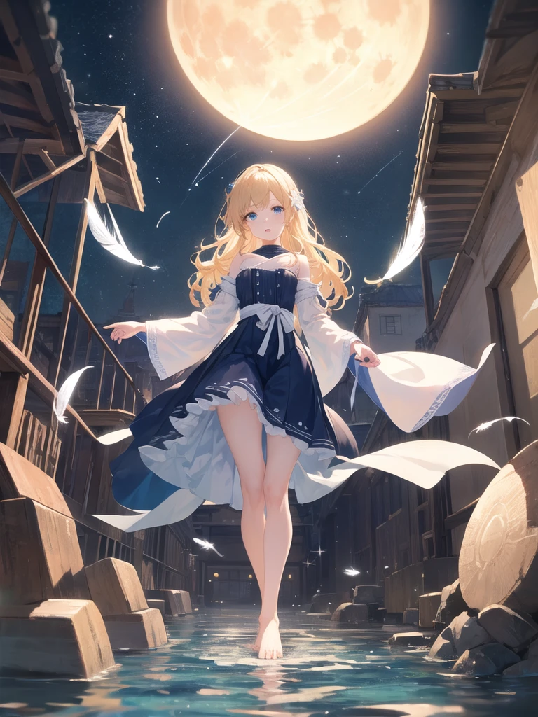photo realistic, photo realistic, photo realistic, (masterpiece,best quality:1.4),(8k,raw photo,photo realistic:1.2),Not Safe for Work, detailed skin,detailed face,1girl,Japanese idol,cute face,Child,petite, Girl Standing On Water、blonde、Wavy Hair、blue eyes、semi-long、mini skirt、白いfrillsパンツ、lift your skirt、Light blue dress、beautiful eyes、Sparkling、Eyes that seem to be sucked in、Standing Girl、one girl、１４age、Beautiful scenery、moonlight、A very big moon、Beautiful starry sky、shooting star、high resolution、night view、The Lost City、barefoot、whole body、Scattering Flowers、Hanabubuki、pretty fingers、beautiful feet、small breasts、girl in return、broken town、Fluttering feathers、frills、画面全体がSparkling、Lots of feathers、fantasy、mysterious、face angle,upper body up、rainbow light、