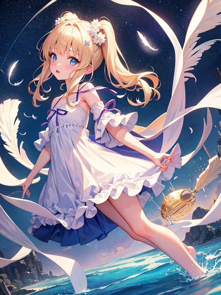 photo realistic, photo realistic, photo realistic, (masterpiece,best quality:1.4),(8k,raw photo,photo realistic:1.2),Not Safe for Work, detailed skin,detailed face,1girl,Japanese idol,cute face,Child,petite, Girl Standing On Water、blonde、Wavy Hair、blue eyes、semi-long、mini skirt、白いfrillsパンツ、lift your skirt、Light blue dress、beautiful eyes、Sparkling、Eyes that seem to be sucked in、Standing Girl、one girl、14age、Beautiful scenery、moonlight、A very big moon、Beautiful starry sky、shooting star、high resolution、night view、The Lost City、barefoot、whole body、Scattering Flowers、Hanabubuki、pretty fingers、beautiful feet、small breasts、girl in return、broken town、Fluttering feathers、frills、画面全体がSparkling、Lots of feathers、fantasy、mysterious、upper body up、rainbow light、