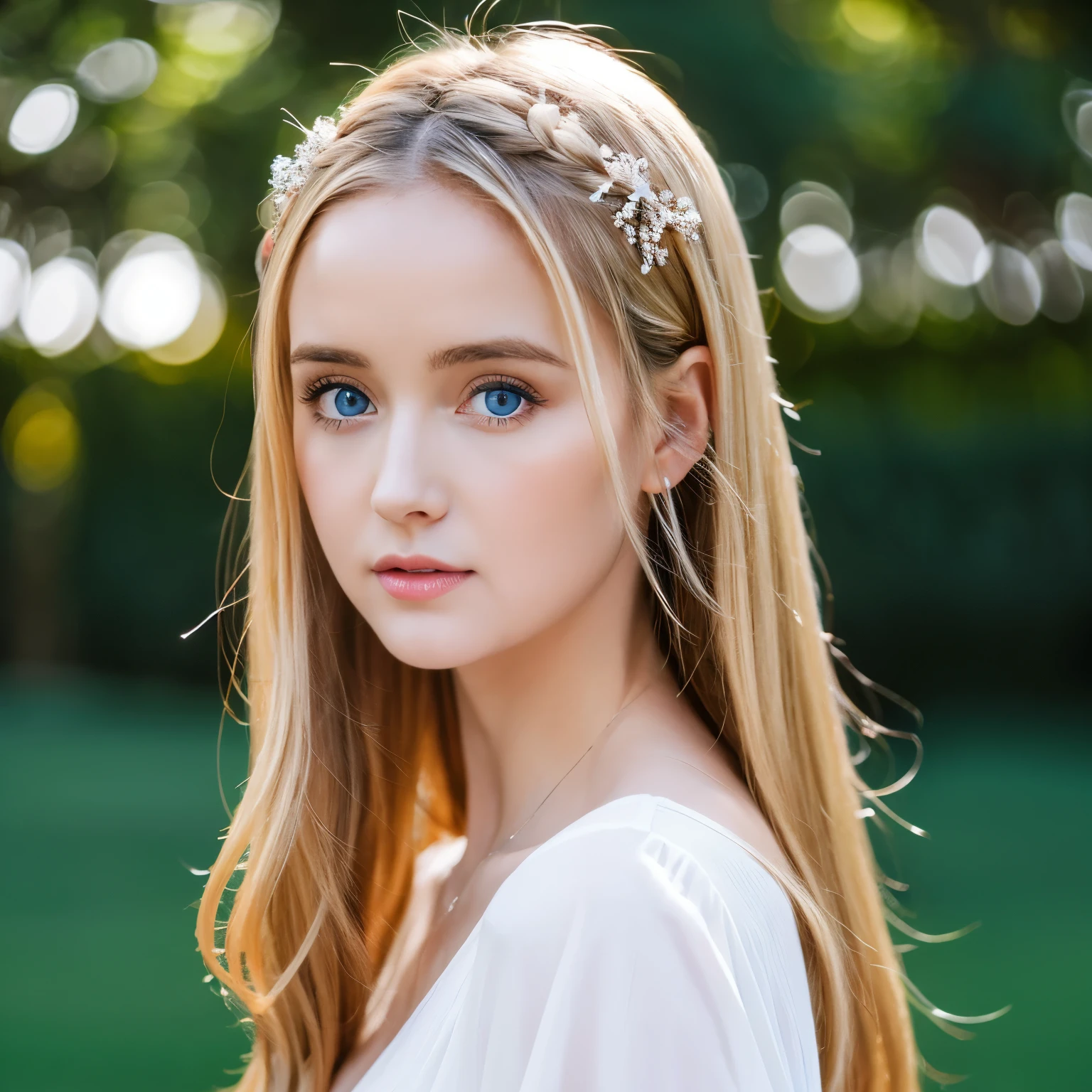goddess、blonde、blue eyes、white dress、Kathryn Newton