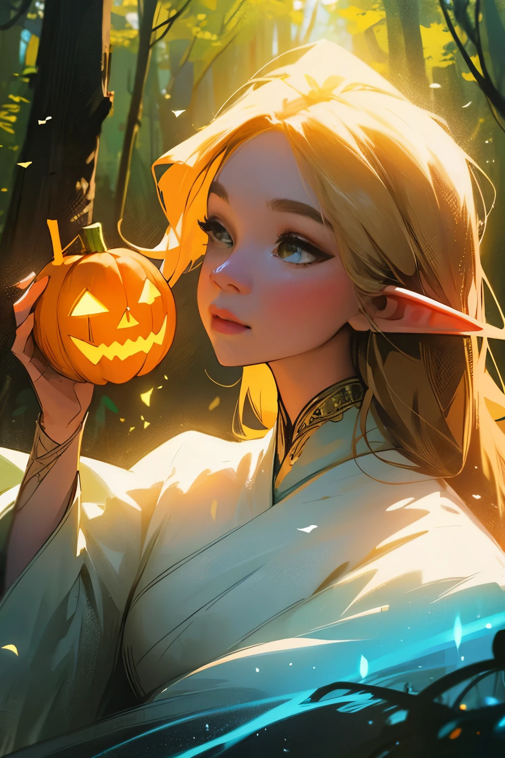 beautiful detailed elf,holding a pumpkin lantern,elegant posture,golden hair flowing in the wind,forest background,magical atmosphere,fairy tale feeling,vibrant colors,soft lighting,enchanted forest,ethereal beauty,portrait,mythical creature,magic,autumn theme,whimsical,glowing eyes,fantasy art,impressive details,mystical,sparkling,delicate features,luminous pumpkin,dreamlike,pure and graceful,enchanted garden,feminine power,mesmerizing,airy and light,imagination and wonder,serene expression,enchanting,ethereal glow