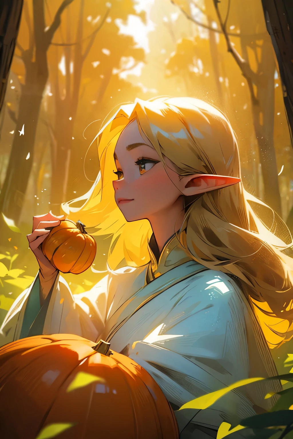 beautiful detailed elf,holding a pumpkin lantern,elegant posture,golden hair flowing in the wind,forest background,magical atmosphere,fairy tale feeling,vibrant colors,soft lighting,enchanted forest,ethereal beauty,portrait,mythical creature,magic,autumn theme,whimsical,glowing eyes,fantasy art,impressive details,mystical,sparkling,delicate features,luminous pumpkin,dreamlike,pure and graceful,enchanted garden,feminine power,mesmerizing,airy and light,imagination and wonder,serene expression,enchanting,ethereal glow