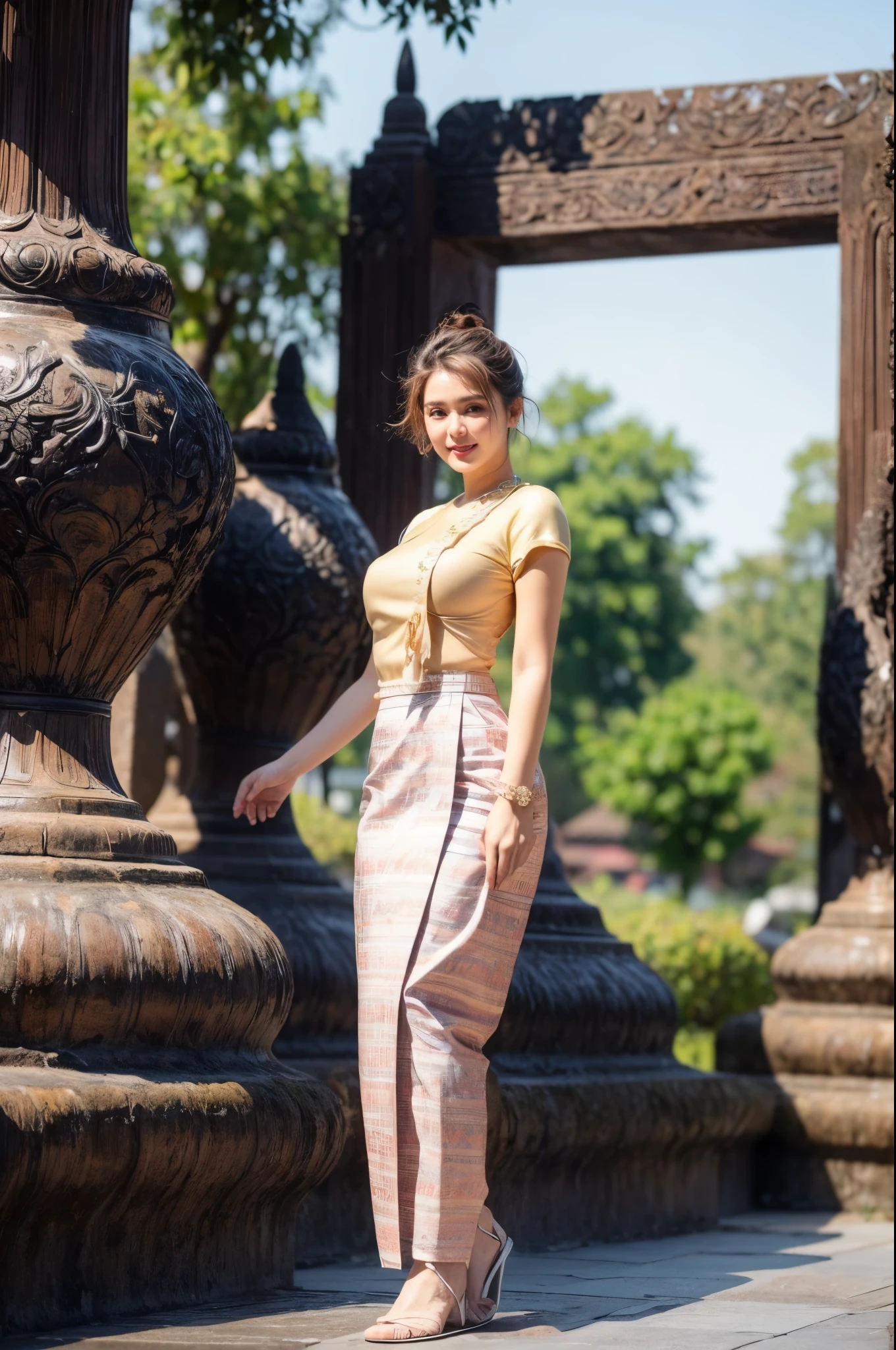 1 girl, wearing Traditional Burmese Wedding outfits, Standing in Mandalay Palace, flowers, perfect face and body, Amazing Perfect breasts, Short Hair, Orange Brown Color Hair, Hand Together In Front pose, realistic, 4k, soft skin, soft light, detailed skin texture.