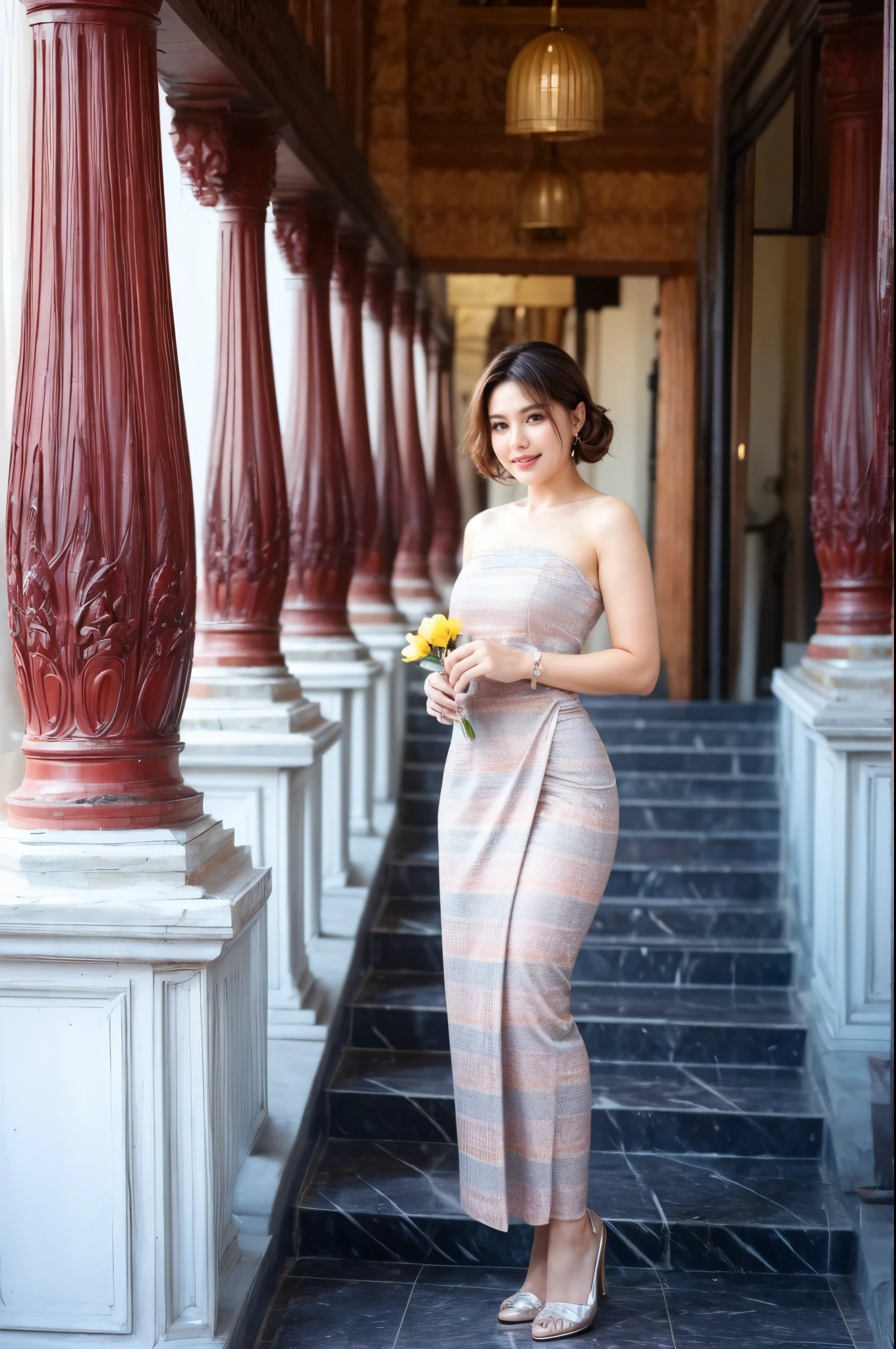 1 girl, wearing Traditional Burmese Wedding outfits, Standing in Mandalay Palace, flowers, perfect face and body, Amazing Perfect breasts, Short Hair, Orange Brown Color Hair, Hand Together In Front pose, realistic, 4k, soft skin, soft light, detailed skin texture.