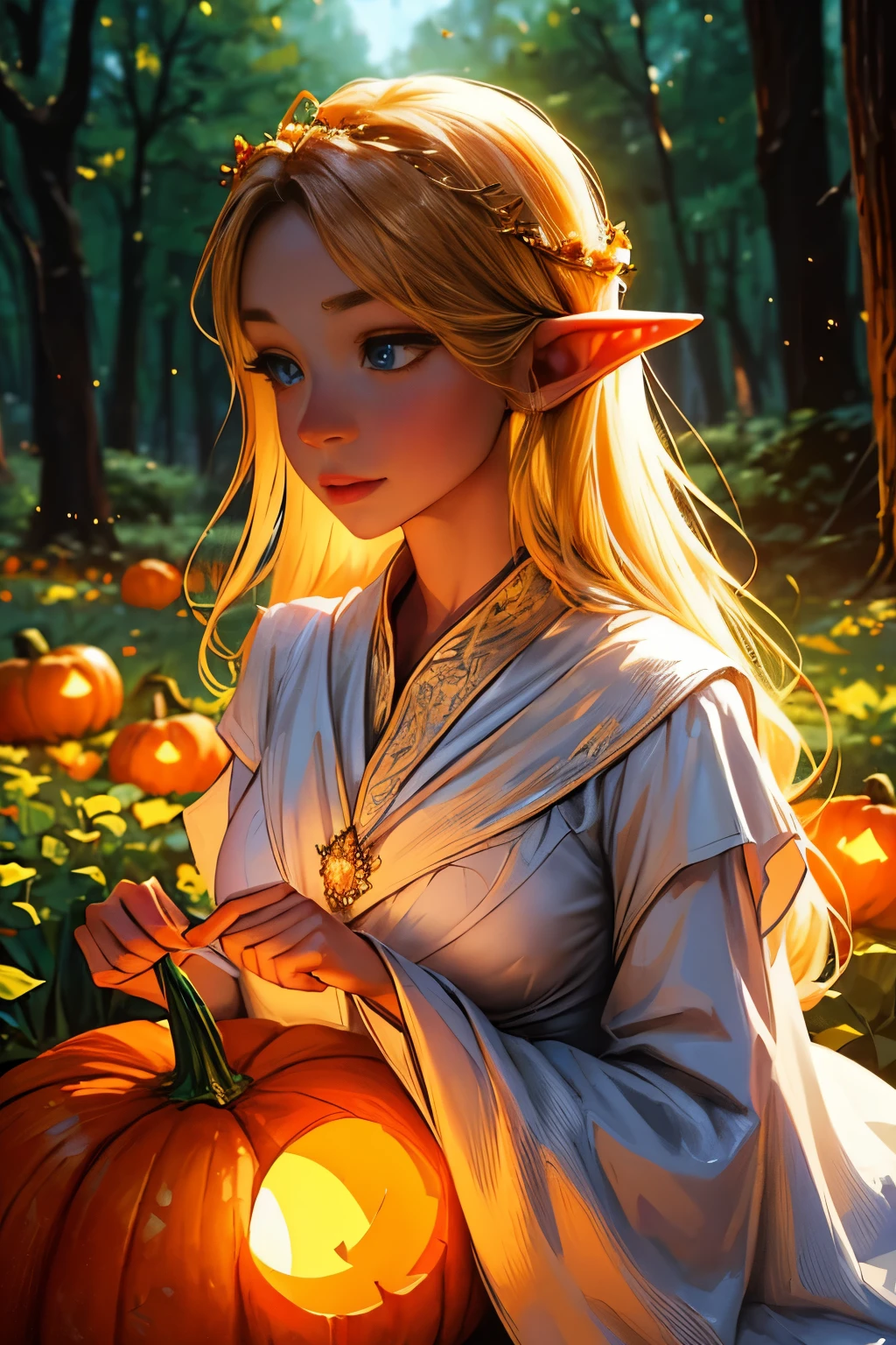 beautiful detailed elf,holding a pumpkin lantern,elegant posture,golden hair flowing in the wind,forest background,magical atmosphere,fairy tale feeling,vibrant colors,soft lighting,enchanted forest,ethereal beauty,portrait,mythical creature,magic,autumn theme,whimsical,glowing eyes,fantasy art,impressive details,mystical,sparkling,delicate features,luminous pumpkin,dreamlike,pure and graceful,enchanted garden,feminine power,mesmerizing,airy and light,imagination and wonder,serene expression,enchanting,ethereal glow