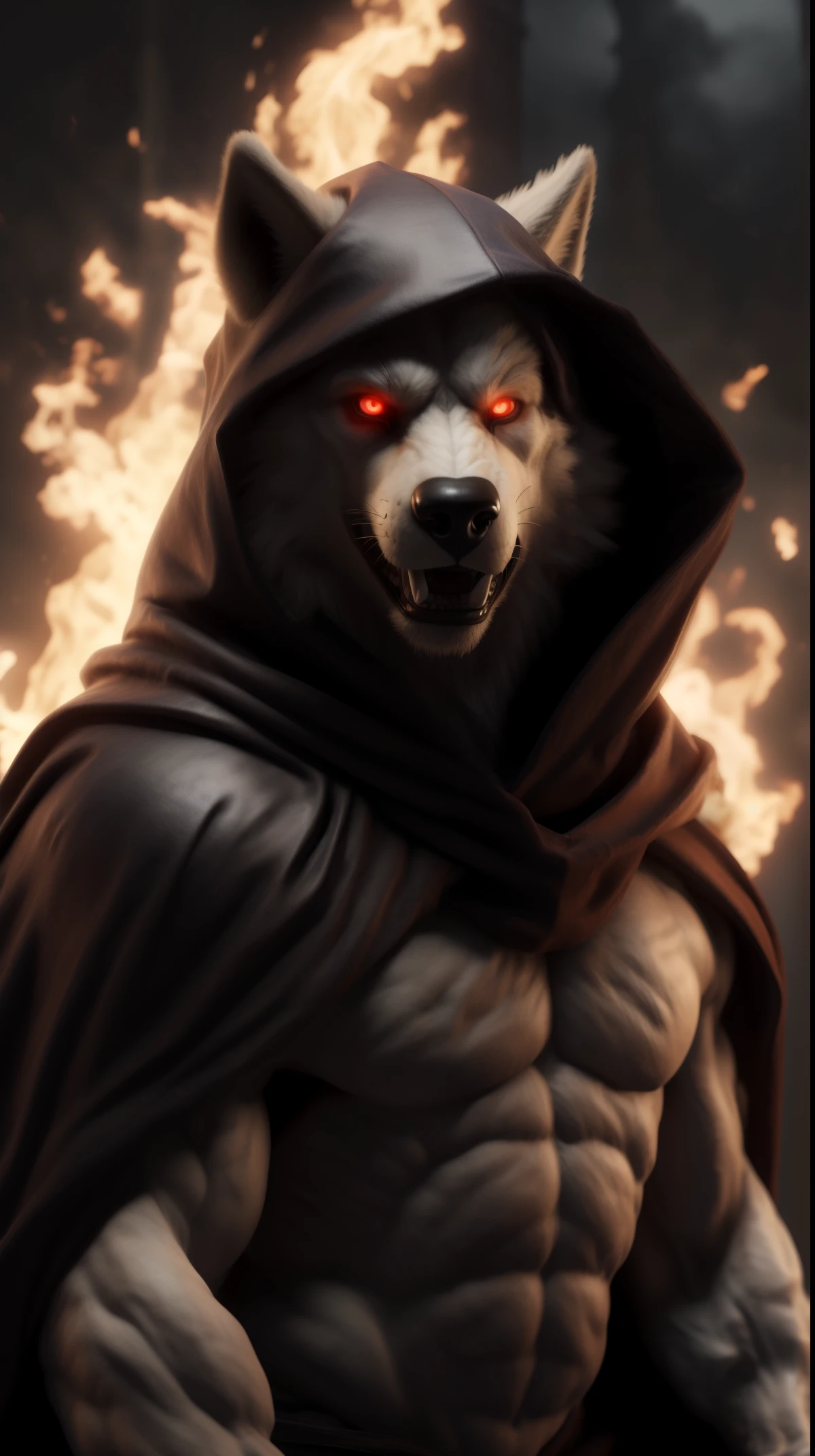 (melhor qualidade,16k,32K,alta resolução,obra de arte:1.2),ultra-detalhado,(realista,photorealista,photo-realista:1.37),(O derradeiro Orochi lord wolf) glowing red eyes realista fire background of totally destroyed Ship alone looking at the camera serious expression brave and confident wearing a red hood cape Open golden angel wings.