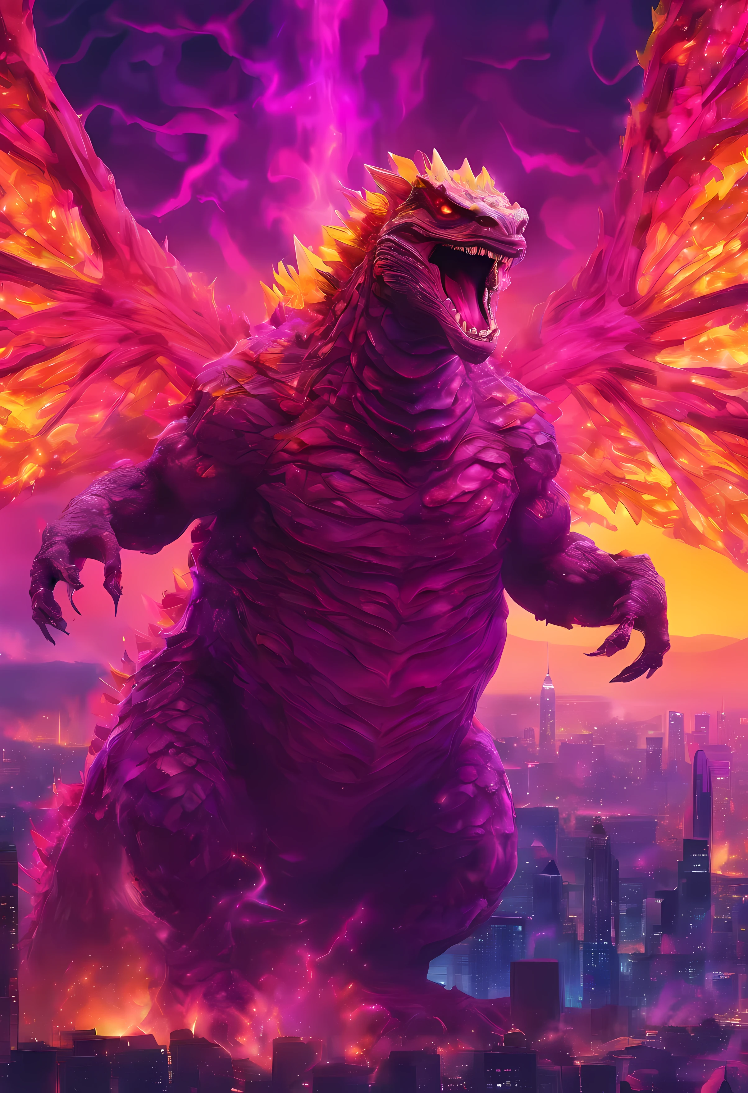 godzilla with wings,glowing (purple),attacking a city,(best quality:1.2,4k:1.1,8k:1.1,highres:1.1,masterpiece:1.2),ultra-detailed,(realistic:1.37,photorealistic:1.37),HDR,UHD,studio lighting,ultra-fine painting,sharp focus,physically-based rendering,extreme detail description,professional,vivid colors,bokeh,portraits,landscape,horror,anime,sci-fi,photography,concept artists,colorful, dynamic lighting
