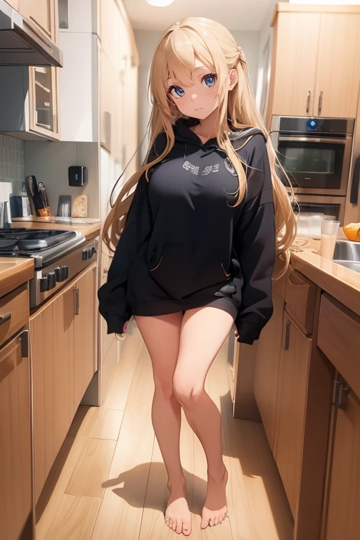 (masterpiece), extremely detailed, ultra detailed, best quality, expressive eyes dark blue, perfect face, blonde hair, side bangs, middle bangs, full body, perfect , Huge Boobs, standing in kitchen, wearing only an oversized black hoodie long blonde hair, cheerful smile, bare legs, barefoot