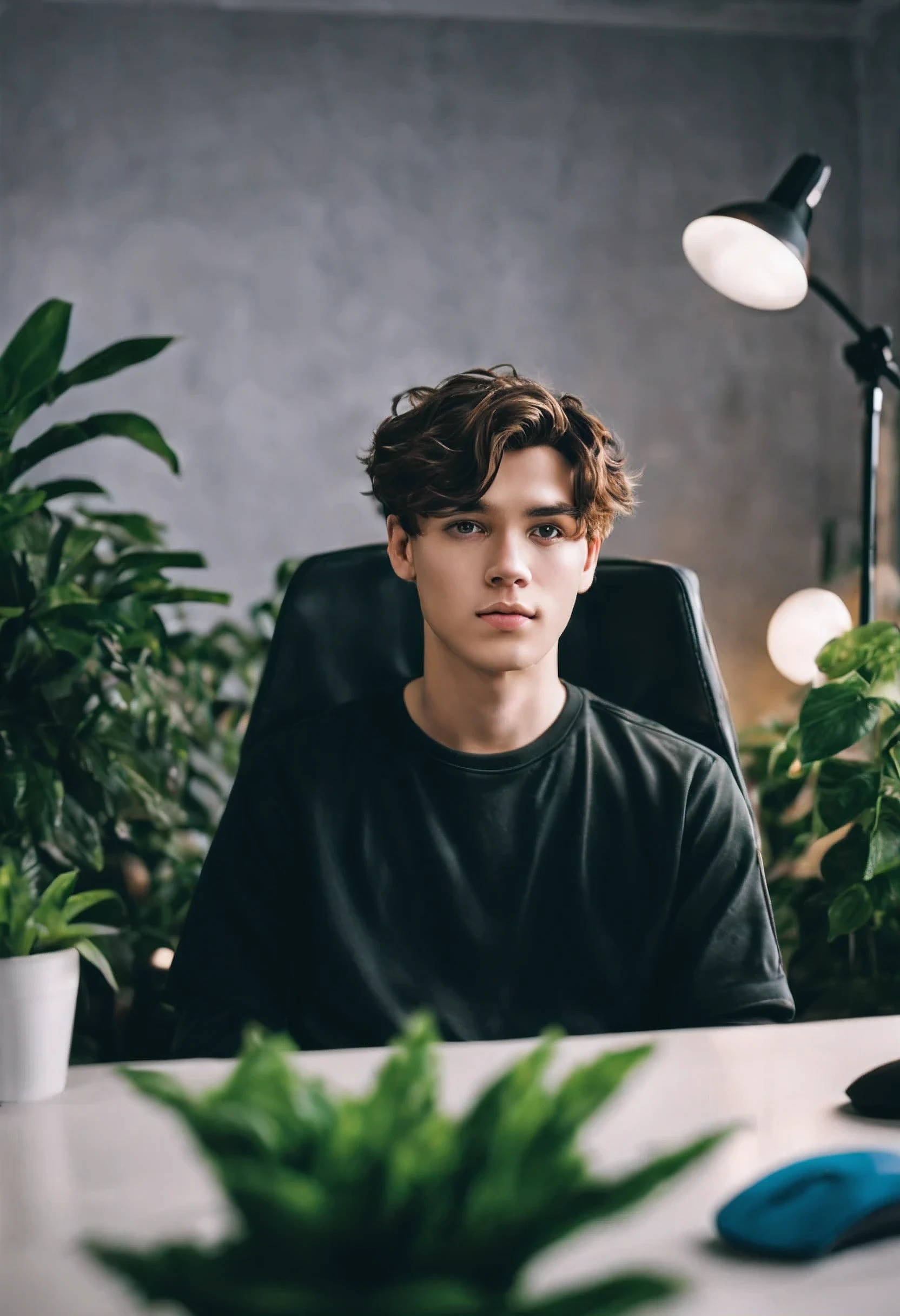 handsome 22 year old boy , short wave volume hair, 50mm bokeh , shit on gaming chair, compute setup, plant and flower decorations, indoor