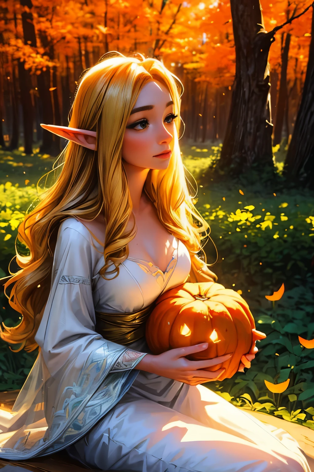 beautiful detailed elf,holding a pumpkin lantern,elegant posture,golden hair flowing in the wind,forest background,magical atmosphere,fairy tale feeling,vibrant colors,soft lighting,enchanted forest,ethereal beauty,portrait,mythical creature,magic,autumn theme,whimsical,glowing eyes,fantasy art,impressive details,mystical,sparkling,delicate features,luminous pumpkin,dreamlike,pure and graceful,enchanted garden,feminine power,mesmerizing,airy and light,imagination and wonder,serene expression,enchanting,ethereal glow