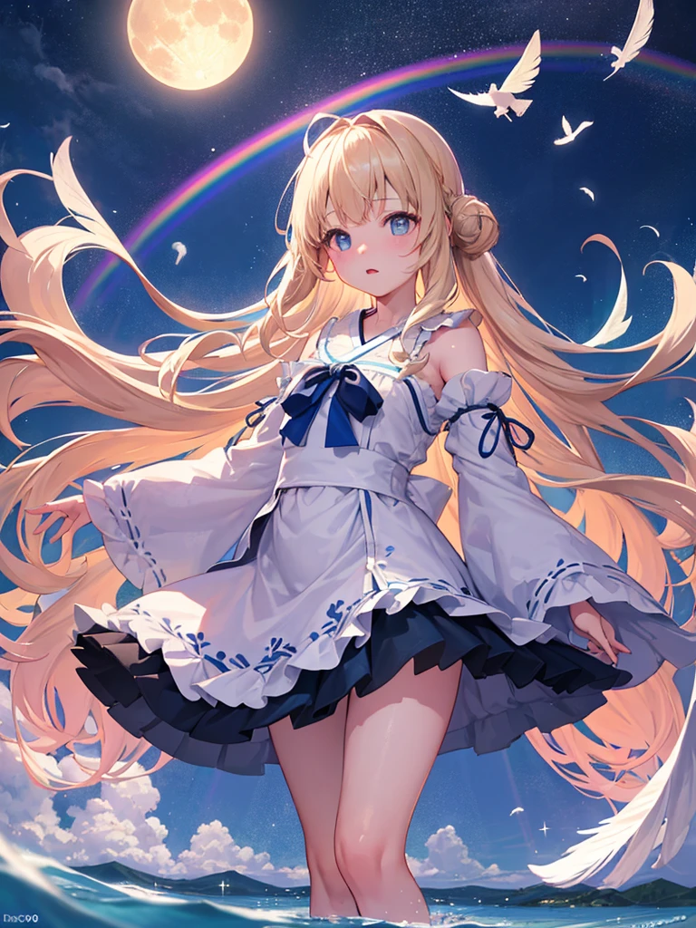 photo realistic, photo realistic, photo realistic, (masterpiece,best quality:1.4),(8k,raw photo,photo realistic:1.2),Not Safe for Work, detailed skin,detailed face,1girl,Japanese idol,cute face,Child,petite, Girl Standing On Water、blonde、Wavy Hair、blue eyes、semi-long、mini skirt、白いfrillsパンツ、lift your skirt、Light blue dress、beautiful eyes、Sparkling、Eyes that seem to be sucked in、Standing Girl、one girl、１４age、Beautiful scenery、moonlight、A very big moon、Beautiful starry sky、shooting star、high resolution、night view、The Lost City、barefoot、whole body、Scattering Flowers、Hanabubuki、pretty fingers、beautiful feet、small breasts、girl in return、broken town、Fluttering feathers、frills、画面全体がSparkling、Lots of feathers、fantasy、mysterious、Face、upper body up、(((rainbow light)))、zoom in、stand on tiptoe on the surface of the lake、Low - Angle、