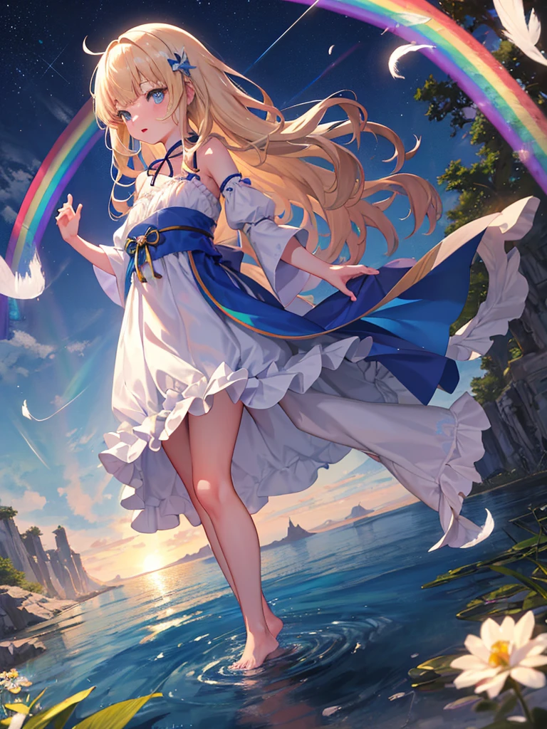 photo realistic, photo realistic, photo realistic, (masterpiece,best quality:1.4),(8k,raw photo,photo realistic:1.2),Not Safe for Work, detailed skin,detailed face,1girl,Japanese idol,cute face,Child,petite, Girl Standing On Water、blonde、Wavy Hair、blue eyes、semi-long、mini skirt、白いfrillsパンツ、lift your skirt、Light blue dress、beautiful eyes、Sparkling、Eyes that seem to be sucked in、Standing Girl、one girl、14age、Beautiful scenery、moonlight、A very big moon、Beautiful starry sky、shooting star、high resolution、night view、The Lost City、barefoot、whole body、Scattering Flowers、Hanabubuki、pretty fingers、beautiful feet、small breasts、girl in return、broken town、Fluttering feathers、frills、画面全体がSparkling、Lots of feathers、fantasy、mysterious、Face、upper body up、(((rainbow light)))、zoom in、stand on tiptoe on the surface of the lake、Low - Angle、