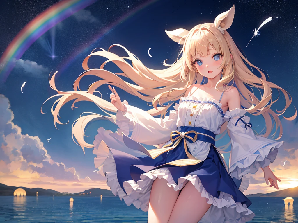 photo realistic, photo realistic, photo realistic, (masterpiece,best quality:1.4),(8k,raw photo,photo realistic:1.2),Not Safe for Work, detailed skin,detailed face,1girl,Japanese idol,cute face,Child,petite, Girl Standing On Water、blonde、Wavy Hair、blue eyes、semi-long、mini skirt、白いfrillsパンツ、lift your skirt、Light blue dress、beautiful eyes、Sparkling、Eyes that seem to be sucked in、Standing Girl、one girl、１４age、Beautiful scenery、moonlight、A very big moon、Beautiful starry sky、shooting star、high resolution、night view、The Lost City、barefoot、whole body、Scattering Flowers、Hanabubuki、pretty fingers、beautiful feet、small breasts、girl in return、broken town、Fluttering feathers、frills、画面全体がSparkling、Lots of feathers、fantasy、mysterious、Face、upper body up、(((rainbow light)))、zoom in、