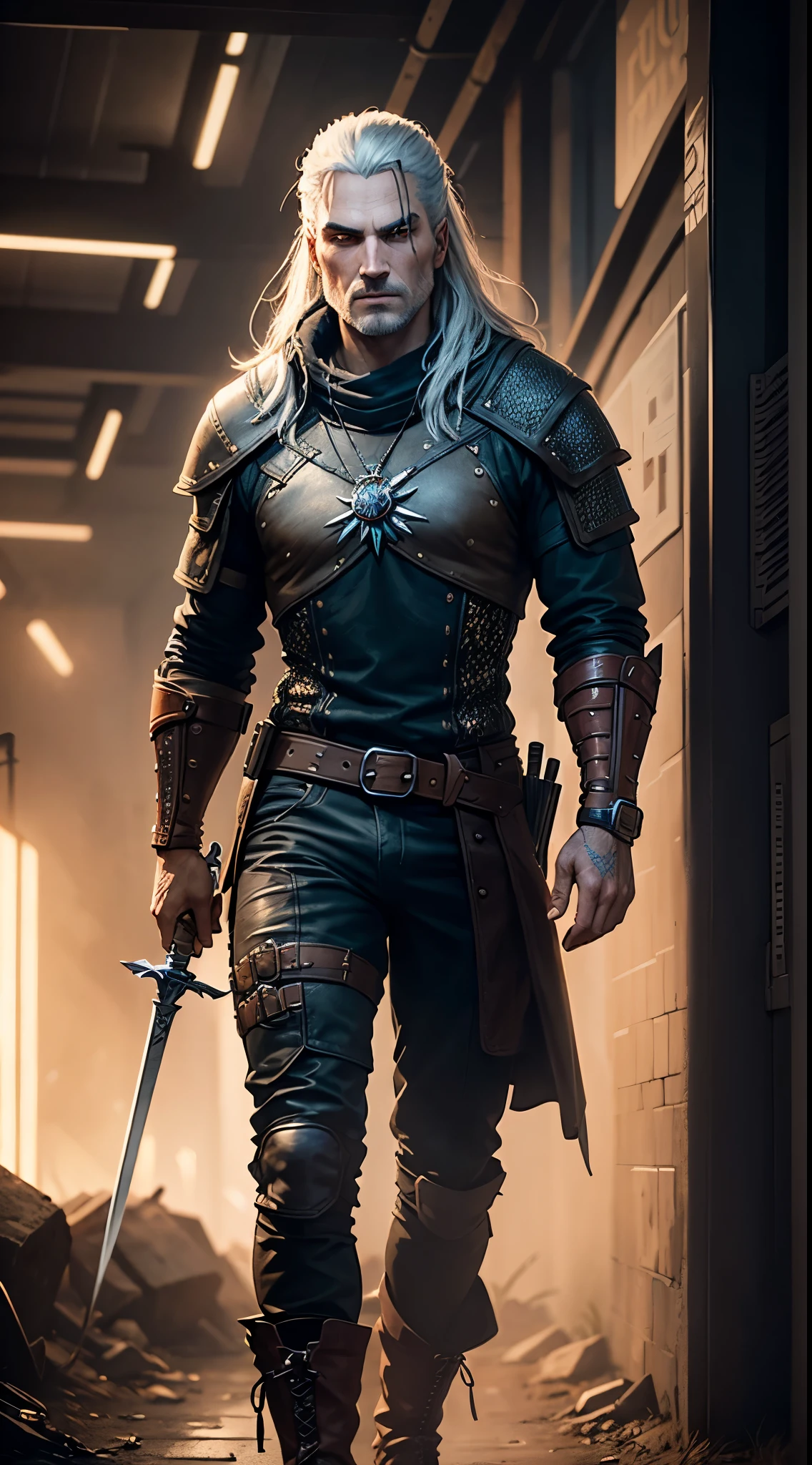 The Witcher geralt, meet cyberpunk 2077 main protagonist , lighting sword, high tech suit