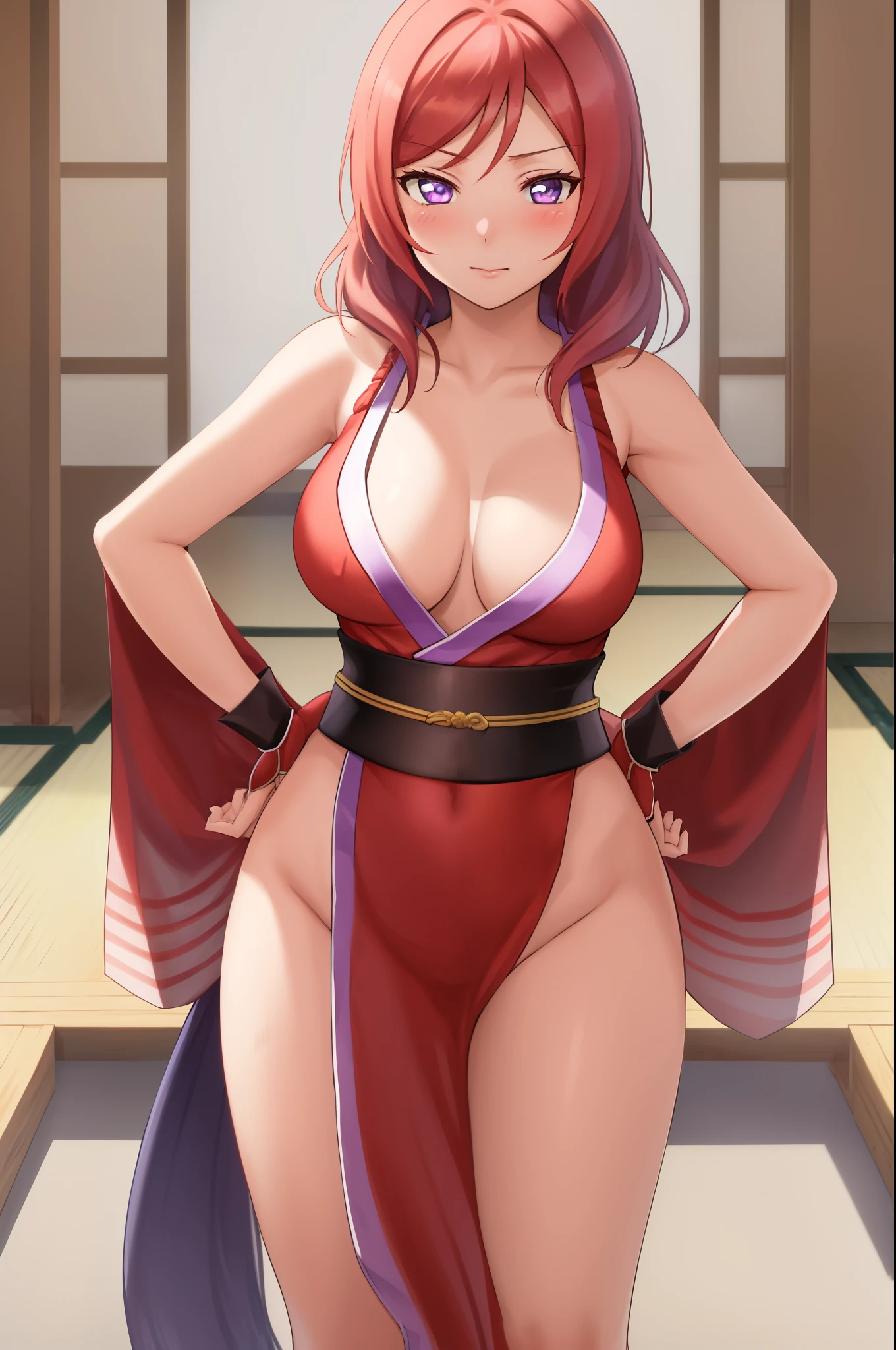 ((Masterpiece)), 8k wallpaper,,best quality,(standing ),(looking at viewer), purple eyes, ( perfect hips),(detailed position body),cowboy shot, nishikino maki, kunoichi dress, standing, blushing, hands on hips ,in ancient Japan 