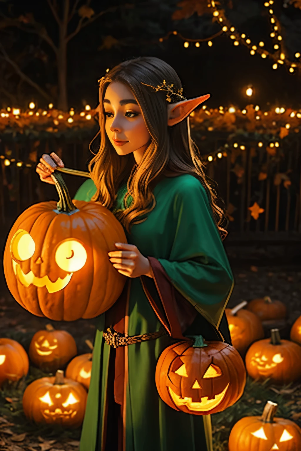 Beautiful elf holding a pumpkin lantern