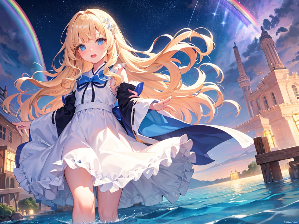photo realistic, photo realistic, photo realistic, (masterpiece,best quality:1.4),(8k,raw photo,photo realistic:1.2),Not Safe for Work, detailed skin,detailed face,1girl,Japanese idol,cute face,Child,petite, Girl Standing On Water、blonde、Wavy Hair、blue eyes、semi-long、mini skirt、白いfrillsパンツ、lift your skirt、Light blue dress、beautiful eyes、Sparkling、Eyes that seem to be sucked in、Standing Girl、one girl、１４age、Beautiful scenery、moonlight、A very big moon、Beautiful starry sky、shooting star、high resolution、night view、The Lost City、barefoot、whole body、Scattering Flowers、Hanabubuki、pretty fingers、beautiful feet、small breasts、girl in return、broken town、Fluttering feathers、frills、画面全体がSparkling、Lots of feathers、fantasy、mysterious、Face、upper body up、(((rainbow light)))、zoom in、Clean mountains、countless stars、Countless lights、