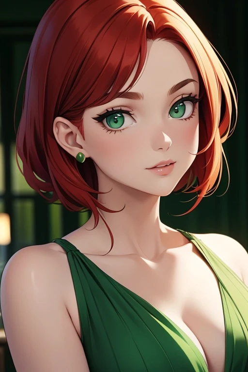 redhead,Green dress,Dress with drape,green eyes、woman,Glamour、adult