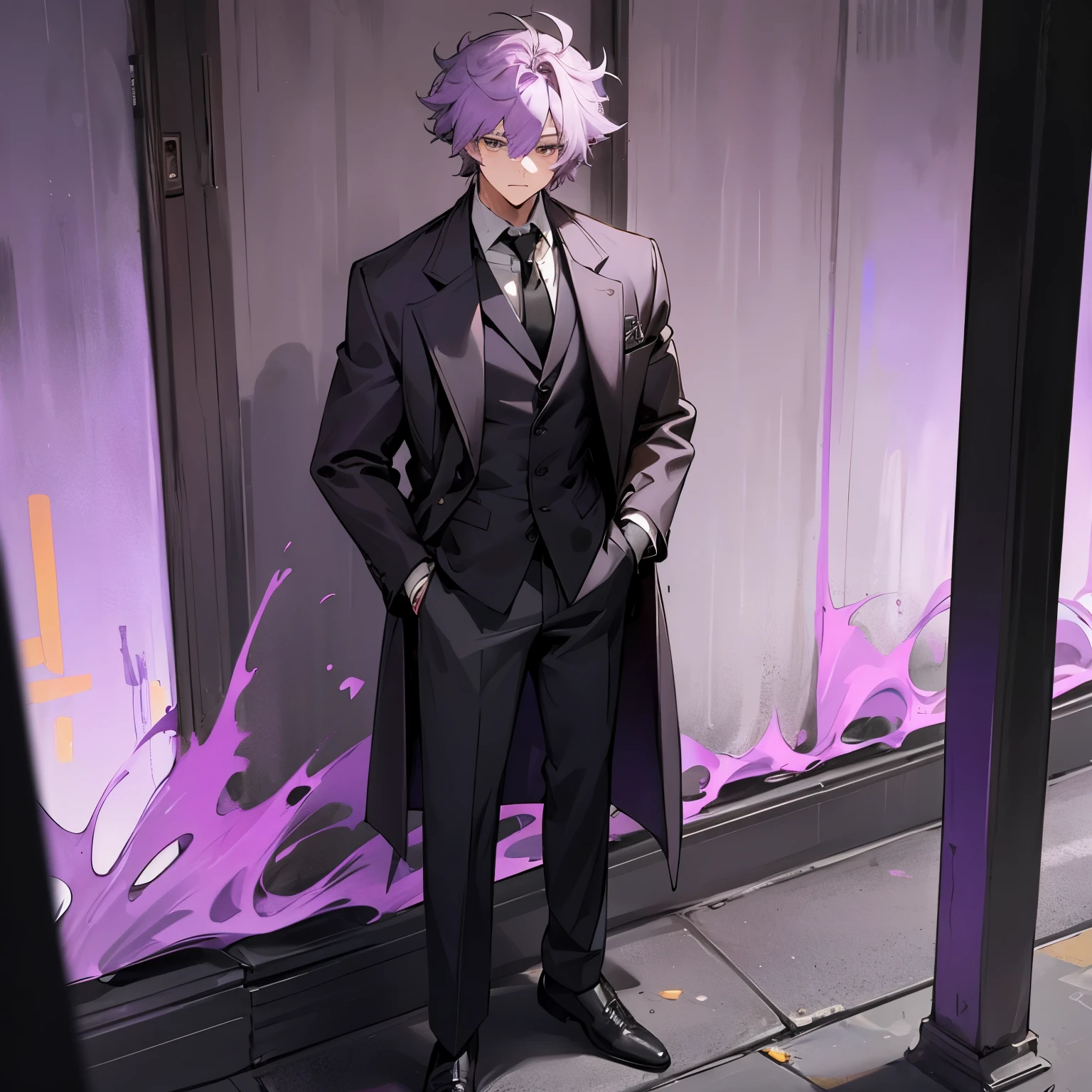 1male , Messy Hair , Lavender purple hair , Baggy Black Pants , Brown Trenchcoat , Standing on sidewalk , Calm Expression , Muscular , Black Tie , Layered Clothing