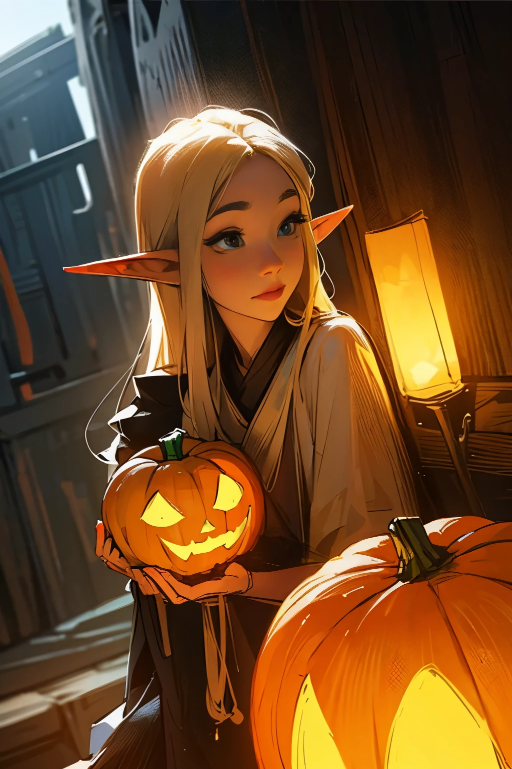 Beautiful elf holding a pumpkin lantern