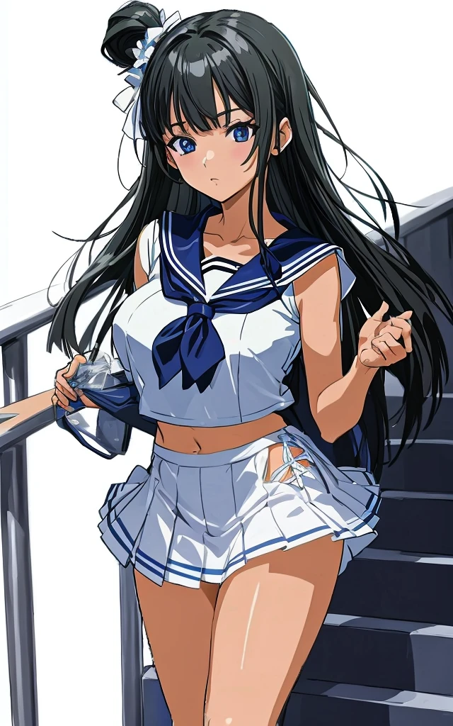 A beautiful woman with shoulder-length black hair, big breasts, beautiful legs, and a sharp face is wearing a sailor uniform with a white miniskirt, showing off her light blue and blue striped panties in a close-up on the stairs at school. standing。