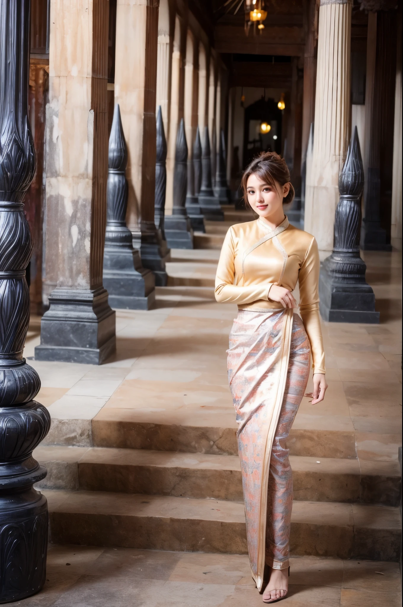 1 girl, wearing Traditional Burmese Wedding outfits, Standing in Mandalay Palace, flowers, perfect face and body, Amazing Perfect breasts, Short Hair, Orange Brown Color Hair, Hand Together In Front pose, realistic, 4k, soft skin, soft light, detailed skin texture.