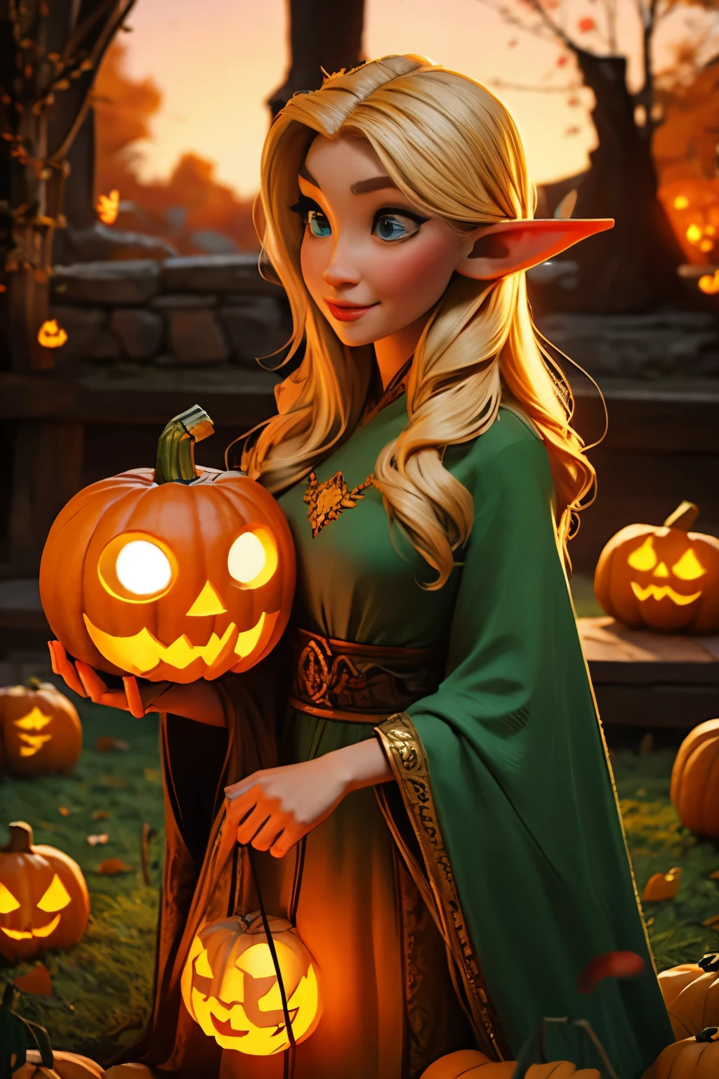 Beautiful elf holding a pumpkin lantern