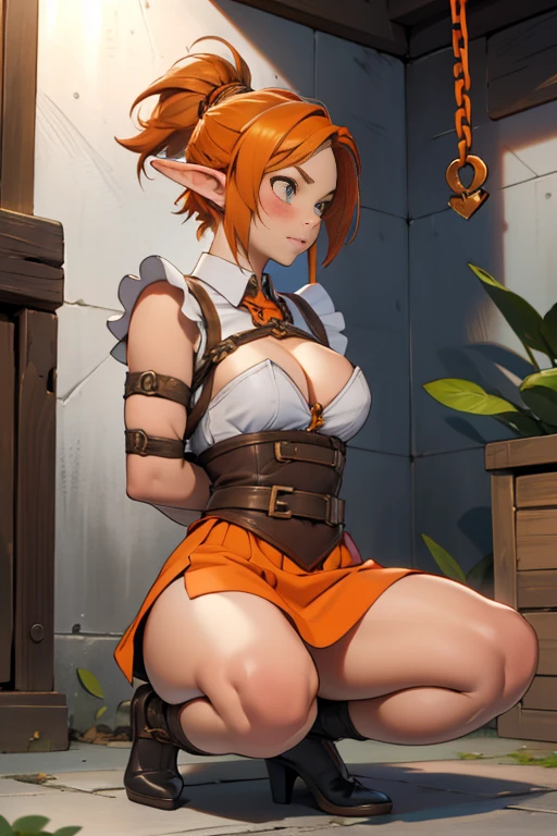 1slave, elf chained, bound, elf girl in shackles, squatting, kneeling, knees on the ground, ((medium breasts)), girl chained , chains, knees spread, frightened and embarrassed expression, crowded market place, market, orange hair, short hair, ((no ponytail)), maid uniform
