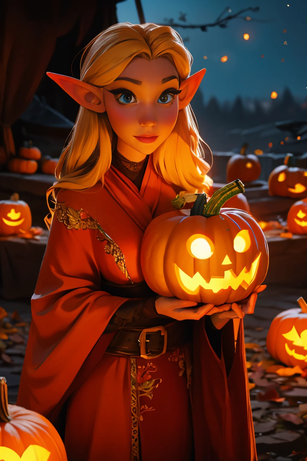 Beautiful elf holding a pumpkin lantern