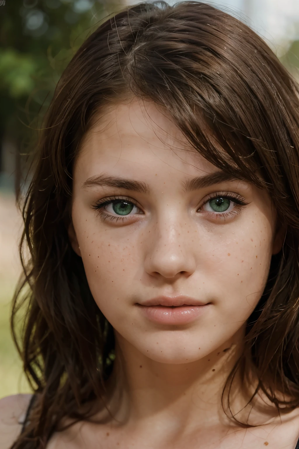 photo of beautiful age 21 girl, brunette hair, freckles sexy, green eyes, beautiful, close up, young, dslr, 8k, 4k, ultrarealistic, realistic, natural skin, textured skin