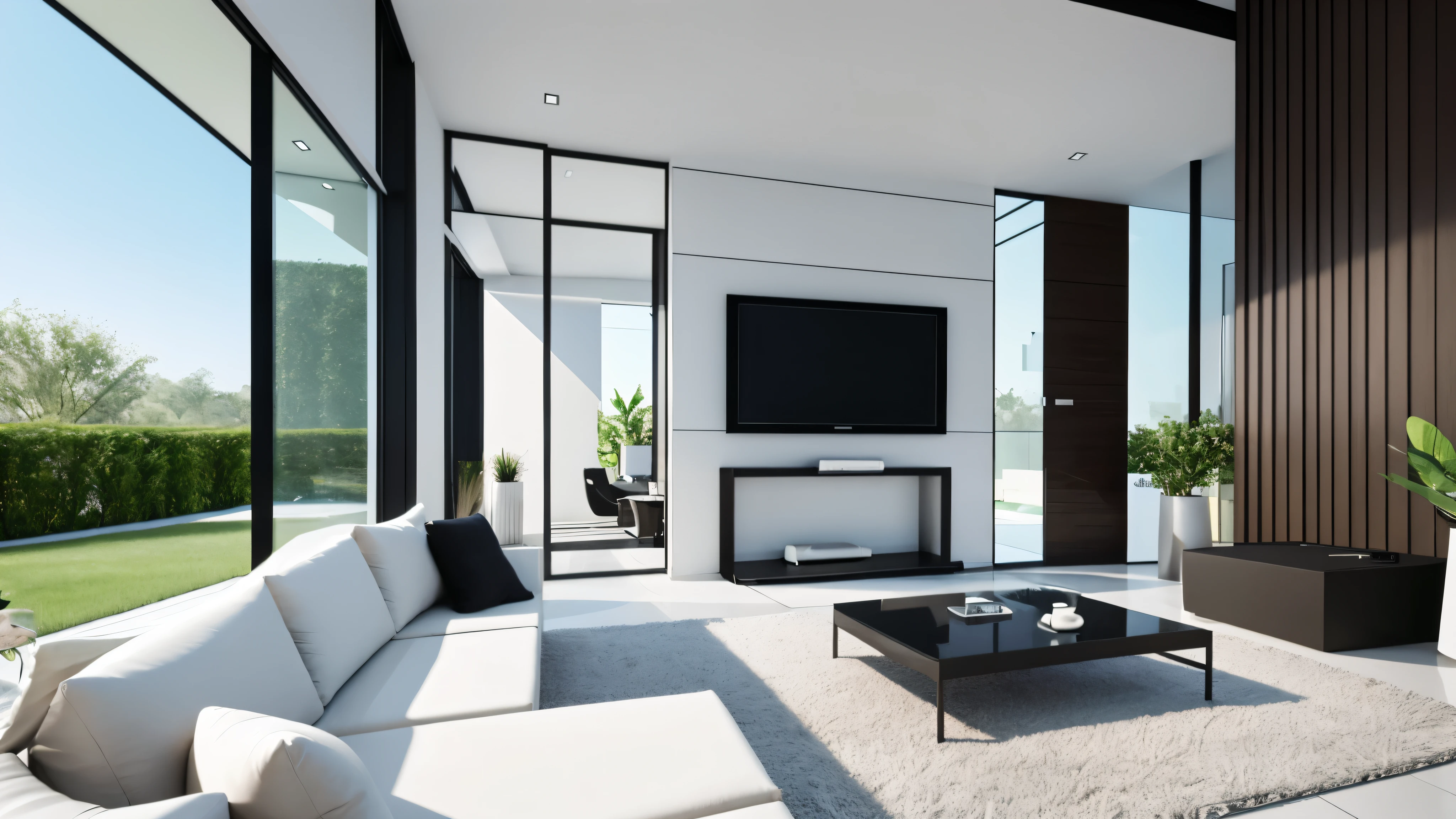 You are a famous interior designer、You have been asked to create a 3D image of a modern large room. Create a harmonious environment with modern and minimalist furniture. Including garden interior.