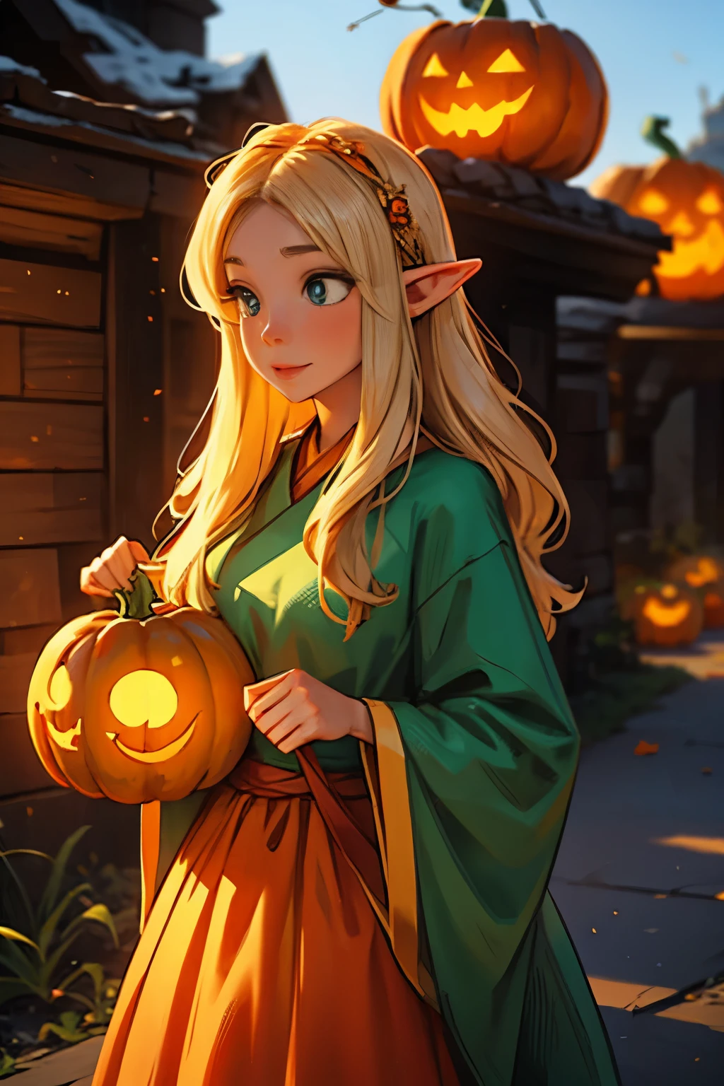 Beautiful elf holding a pumpkin lantern
