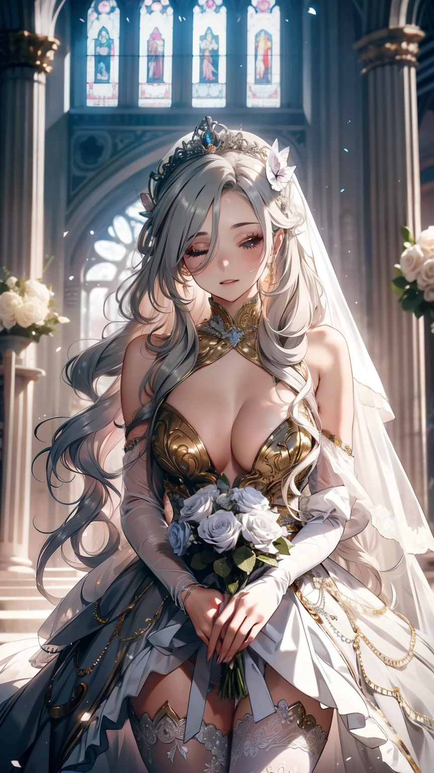 butterfly，long gray hair，light gold wedding dress，8k wallpaper，detailed background，best high resolution，deep v big，Hair covering one eye，Bandeau Wedding Dress，church，white roses and pale pink roses，tight fit，stockings