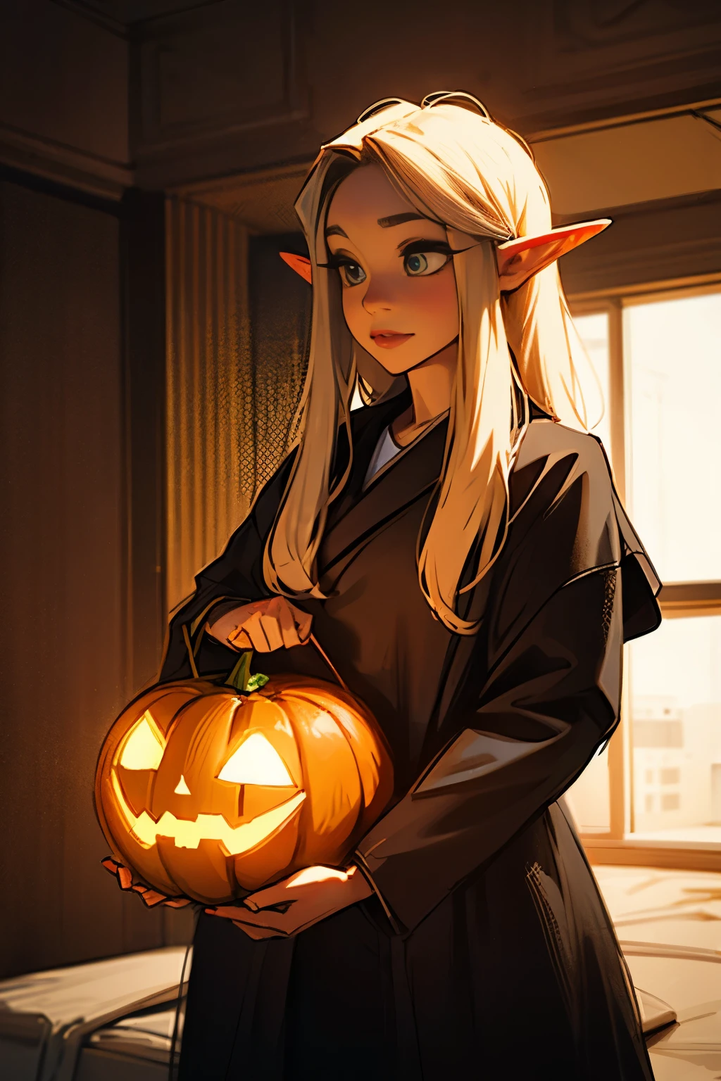 Beautiful elf holding a pumpkin lantern