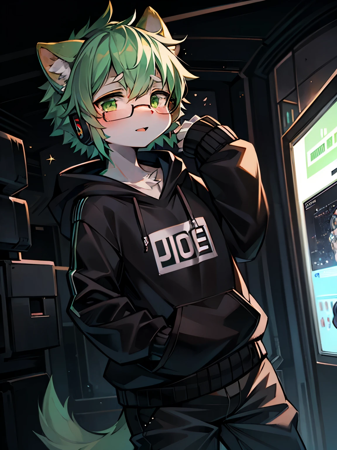 Solo, kemono, femboy, green hair, green eyes, wear black hoodie, wear black pants, wear black glasses, headphone on neck, nerd, stand on high build, space center background, daytime, high details