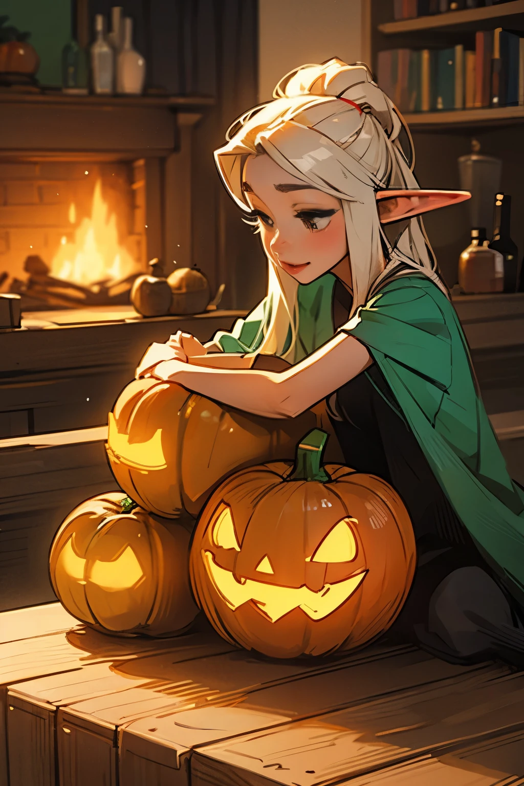 Beautiful elf holding a pumpkin lantern