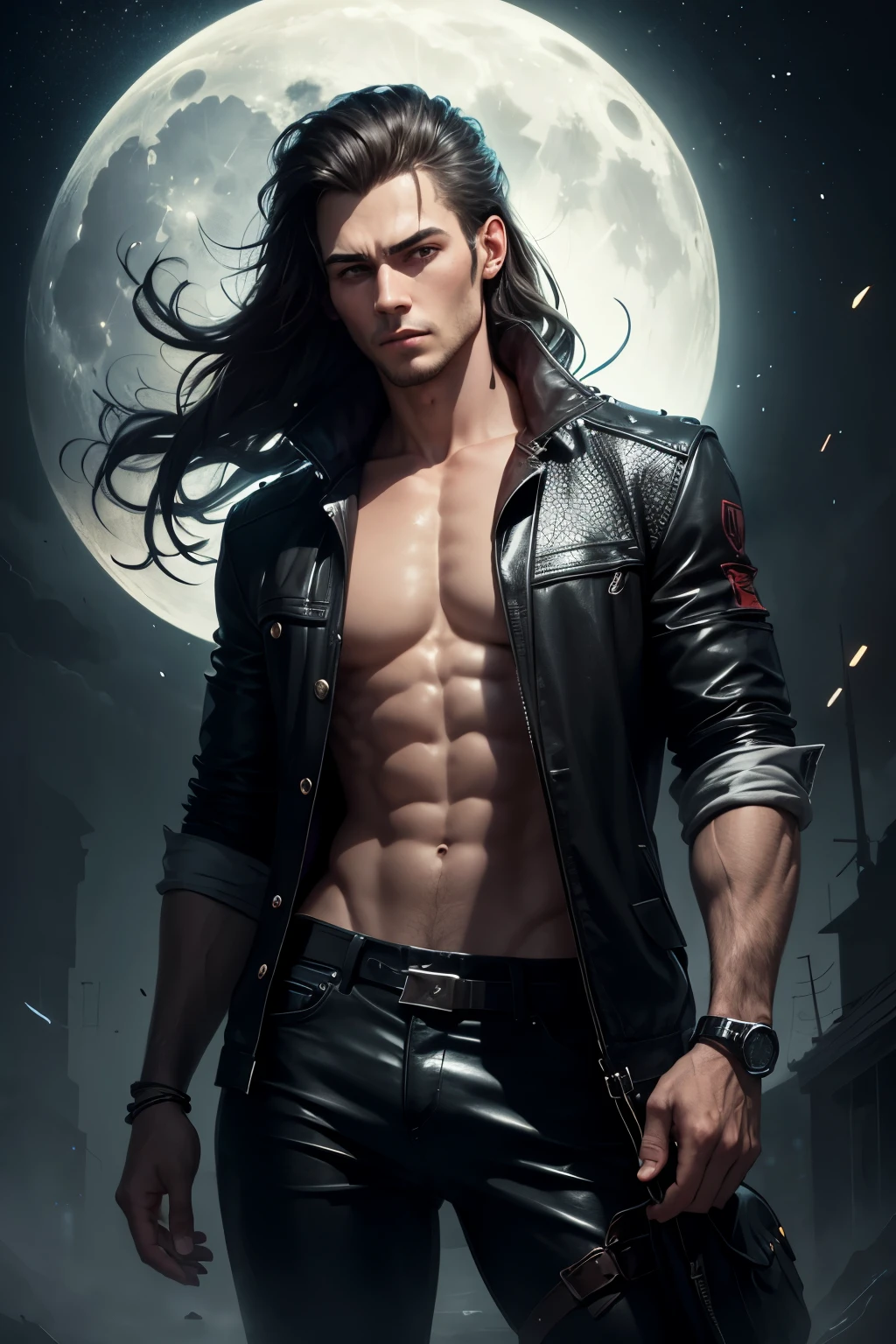 The man in the moon, sparkling, RGB colors, dramatic, stylish, extremely detailed.