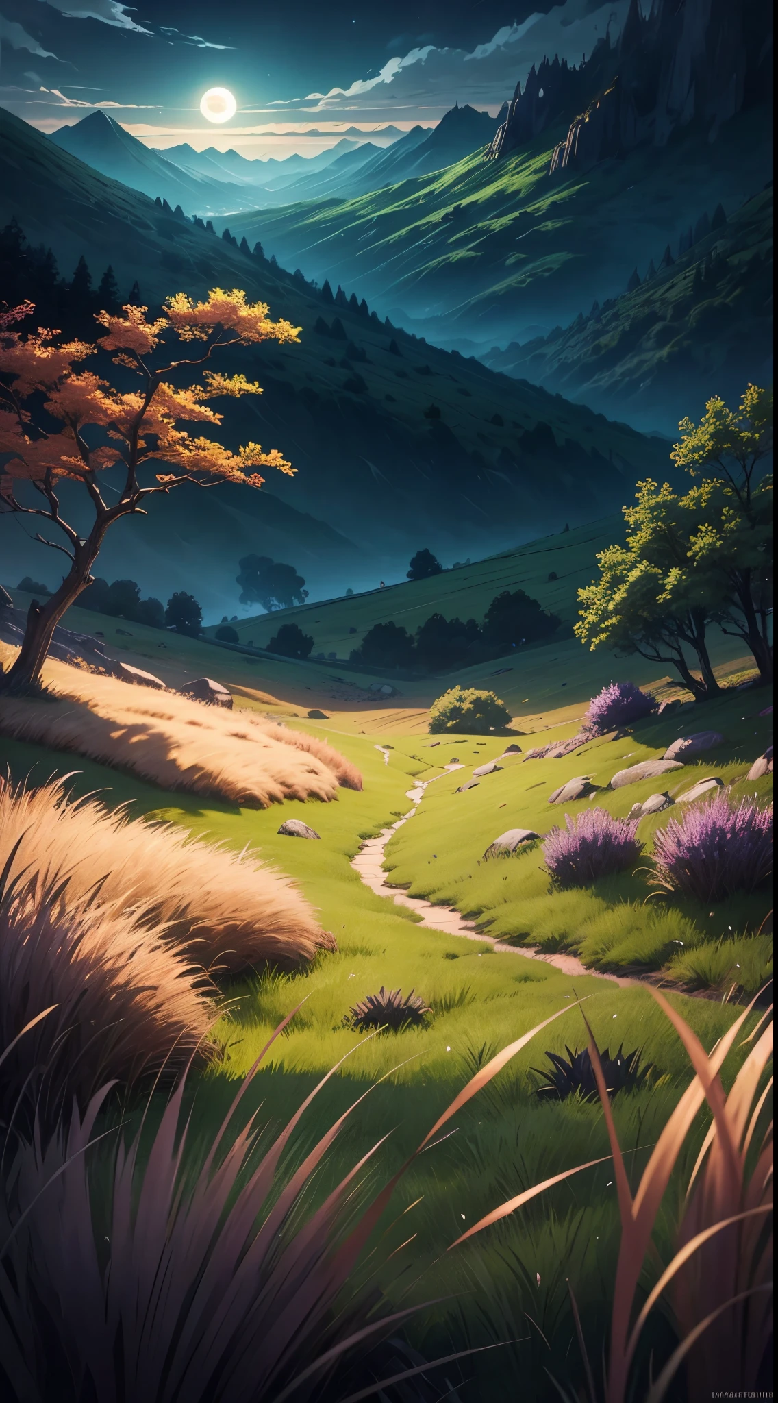 Colorful grass field, dark fantasy, anime style, demon slayer style, highly detailed, Moonlight extreme details, landscape, grass field,