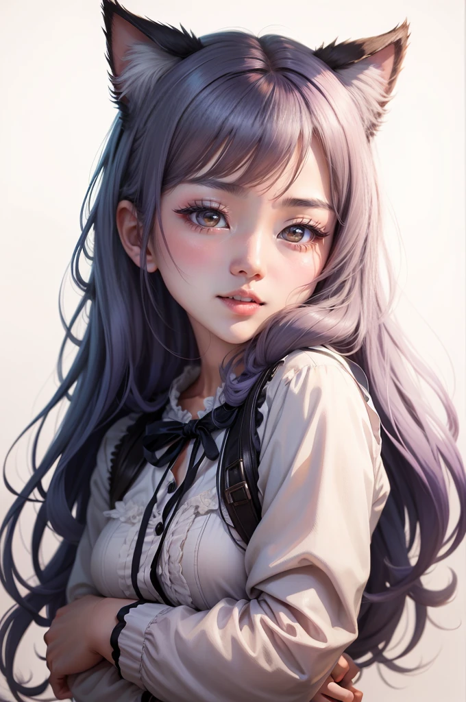 white background, just the face, girl, love, cute, anime, with cat ears, In round frames, expressive stern eyes、pastel colour.