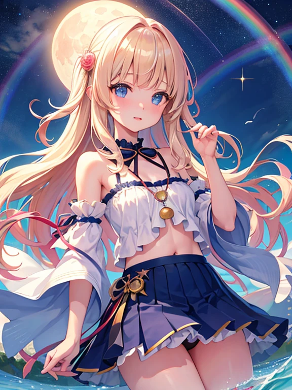 photo realistic, photo realistic, photo realistic, (masterpiece,best quality:1.4),(8k,raw photo,photo realistic:1.2),Not Safe for Work, detailed skin,detailed face,1girl,Japanese idol,cute face,Child,petite, Girl Standing On Water、blonde、Wavy Hair、blue eyes、semi-long、mini skirt、panty shot、白いfrillsパンツ、underwear姿、underwear、beautiful eyes、Sparkling、Eyes that seem to be sucked in、Standing Girl、one girl、１４age、Beautiful scenery、moonlight、A very big moon、Beautiful starry sky、shooting star、high resolution、night view、The Lost City、barefoot、whole body、Scattering Flowers、Hanabubuki、pretty fingers、beautiful feet、small breasts、girl in return、broken town、Fluttering feathers、frills、画面全体がSparkling、Lots of feathers、fantasy、mysterious、Face、upper body up、(((rainbow light)))、zoom in、Clean mountains、countless stars、Countless lights、