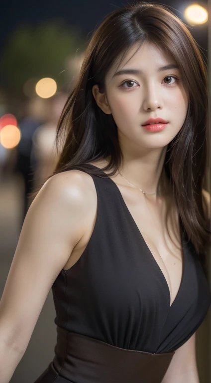 ((realistic lighting, highest quality, 8K, masterpiece: 1.3)), clear focus: 1.2, 1 girl, perfect body beauty: 1.4, slim abs: 1.1, ((dark brown hair, big: 1.3)), (hasten: 1.4), (outdoor, night: 1.1), street, super slender face, fine eyes, double eyelid, exposed cleavage, incredibly absurd, messy hair, floating hair、big breasts、Gold Dress