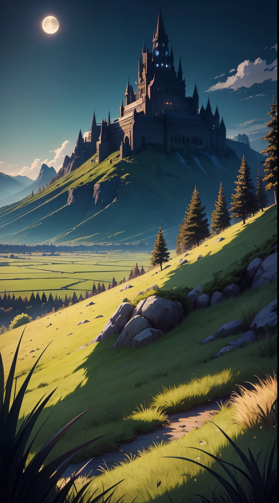 Colorful grass field, dark fantasy, anime style, demon slayer style, highly detailed, Moonlight extreme details, landscape, grass field,