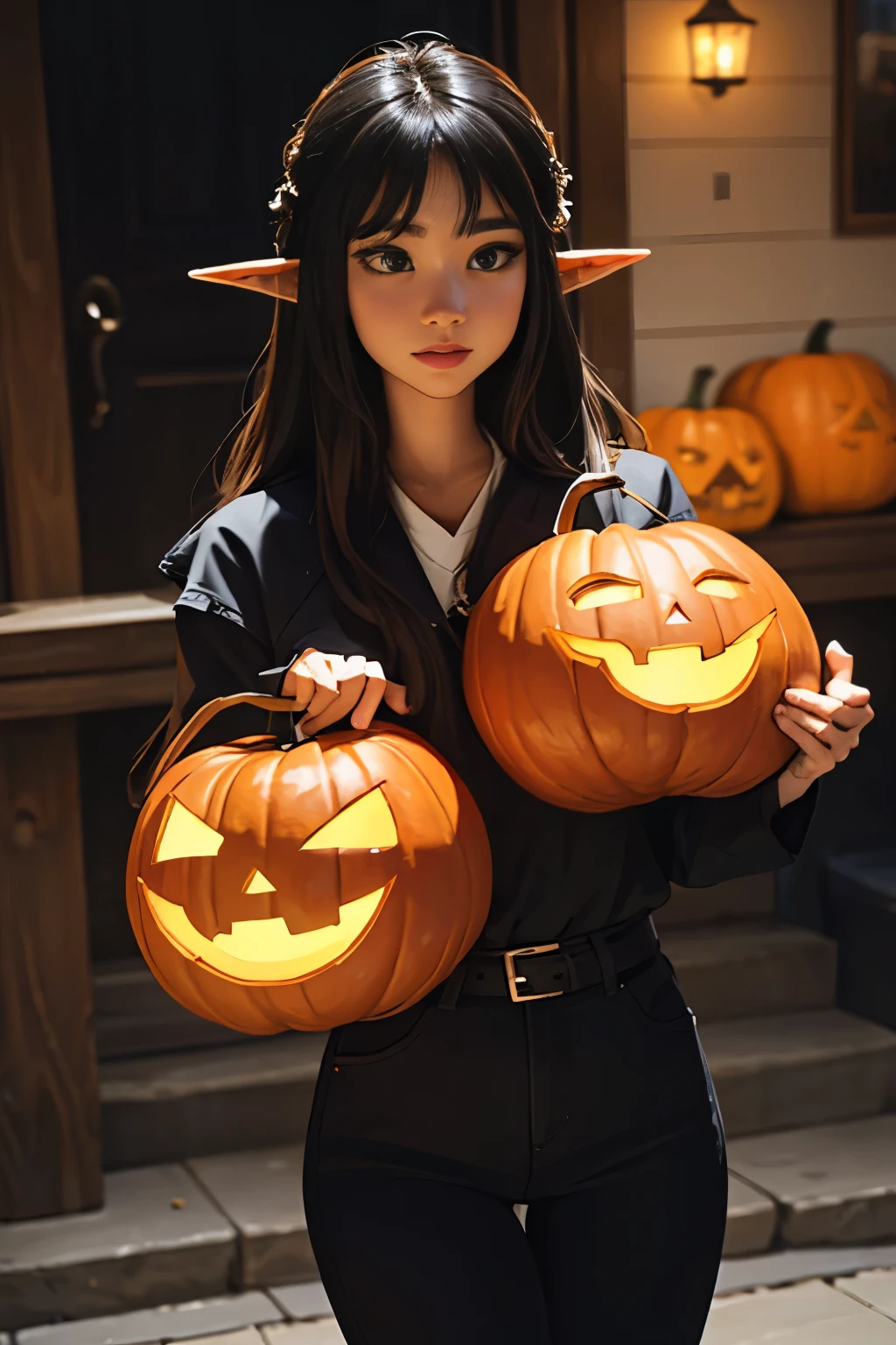 Beautiful elf holding a pumpkin lantern