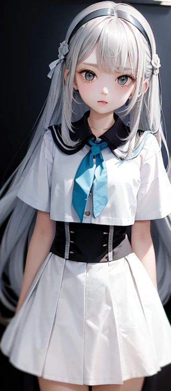 1girl, (masterpiece:1.1), (best quality:1.1), (white blouse:1.1), (plaid skirt:1.1), school uniform, high waist skirt, BREAK [blue:pink:0.5] theme, (gradient background:1.1 ), cowboy shot, BREAK silver hair, long hair,, green eyes, delicate headgear, looking sideways,