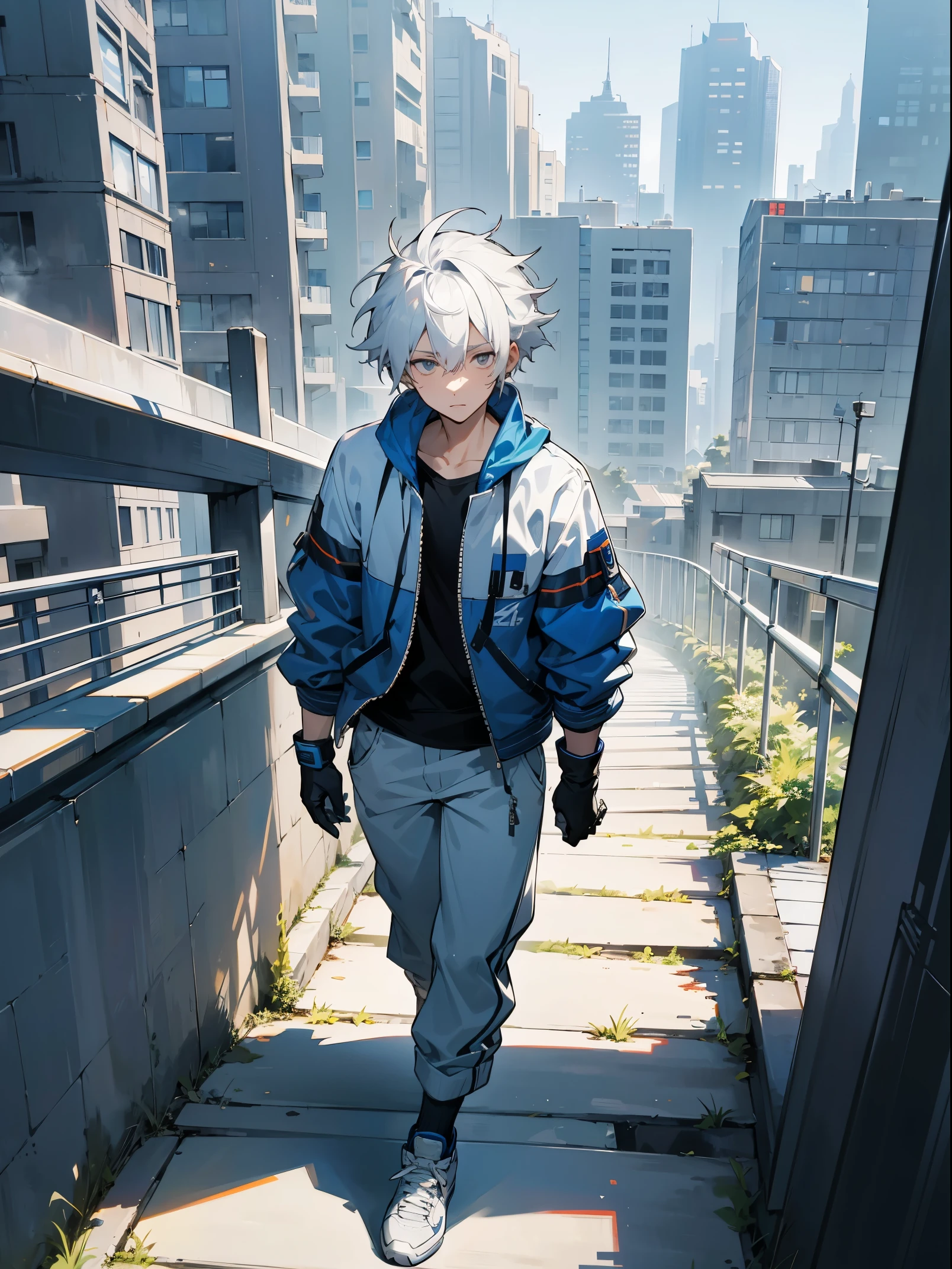 young male, casual clothing, white hair, short hair, messy spikey hair, silver eyes, dark blue tech longsleeve, blue gloves, jordan 1s retro offwhite shoes, city background, walking on path, detailed eyes, nature background, sunny