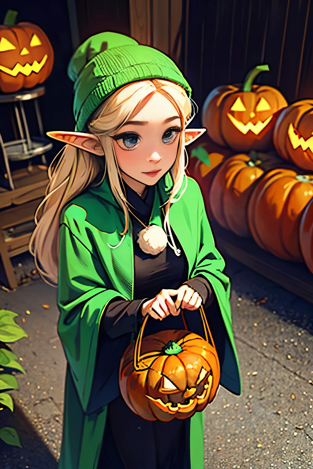 Beautiful elf holding a pumpkin lantern