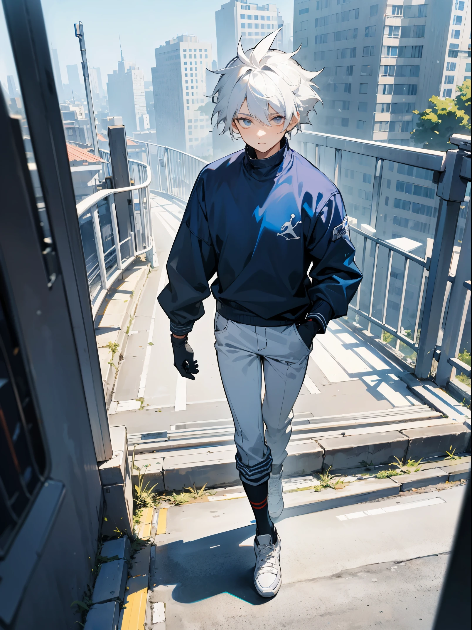 young male, casual clothing, white hair, short hair, messy spikey hair, silver eyes, dark blue tech longsleeve, blue gloves, jordan 1s retro offwhite shoes, city background, walking on path, detailed eyes, nature background, sunny