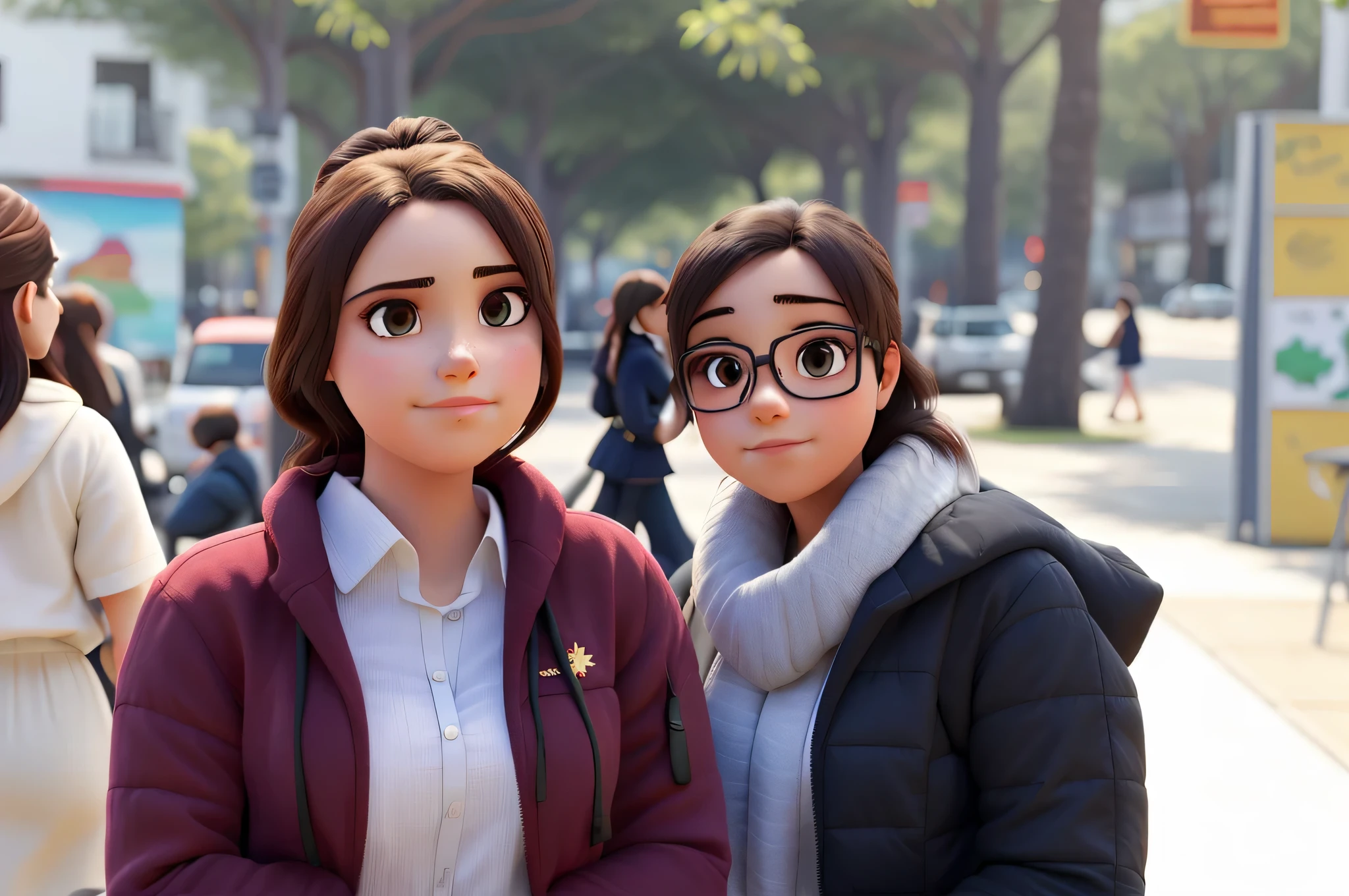 Two young woman with a confident posture with crossed arms, em frente a uma parede com uma pintura
