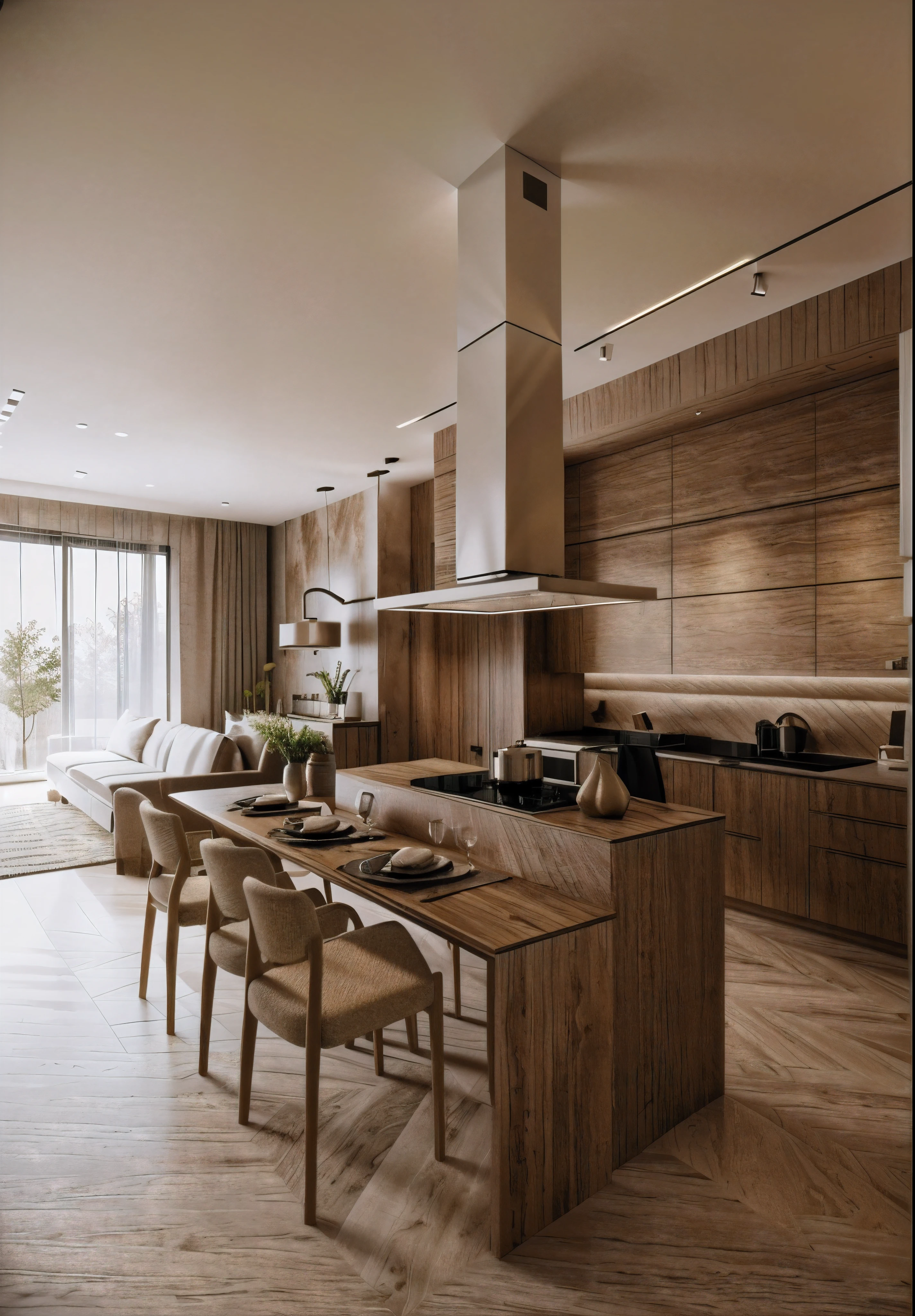 a rendering of a kitchen with a dining table and a stove, enscape render, rendered in enscape, detailed rendering, insanely detailed rendering, in style of simplified realism, detailed renderings, realistic concept, realistic physical rendering, with photorealistic lighting, 3d rendering, 3 d rendering, precise architectural rendering, architectural rendering, excellent 3d render, concept eclectic