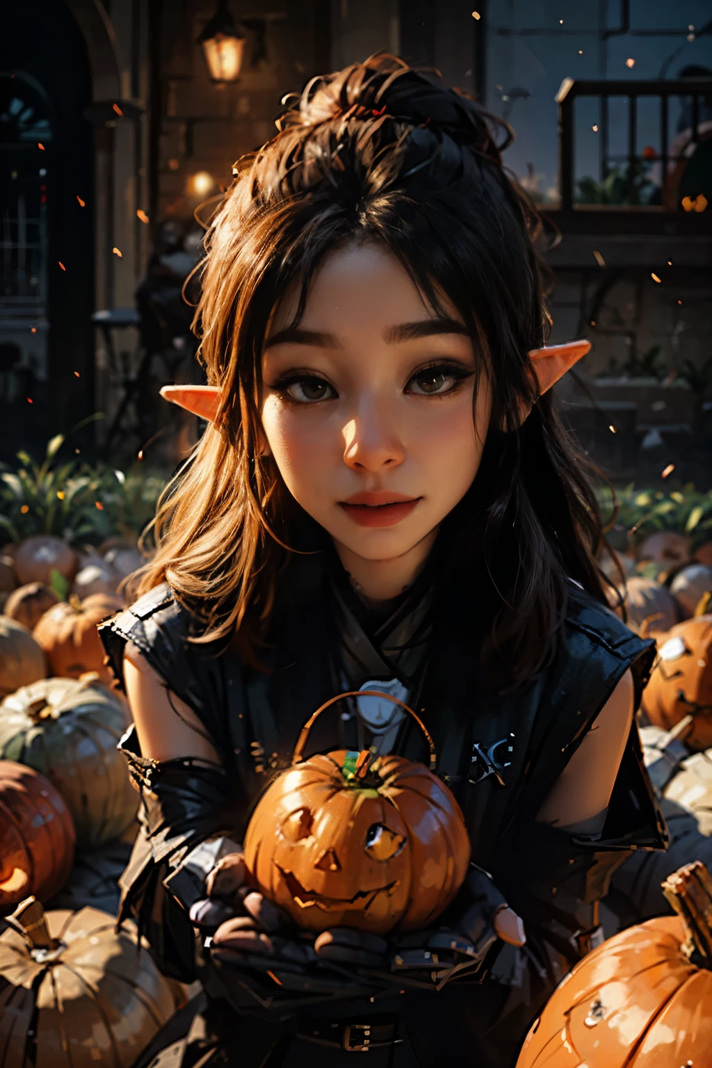 Beautiful elf holding a pumpkin lantern